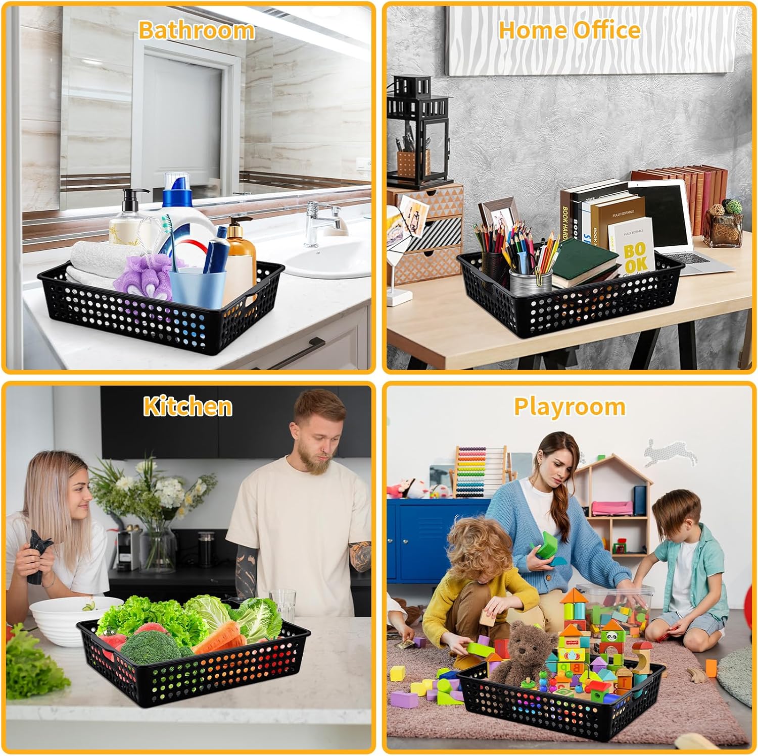 12 Pcs Plastic Storage Baskets Bulk 14 x 10 In Stackable Storage Bin with Handles A4 Size Desktop File Letter Organizer Tray Multi-purpose Container for Shelve Desktop Classroom Office Home Playroom
