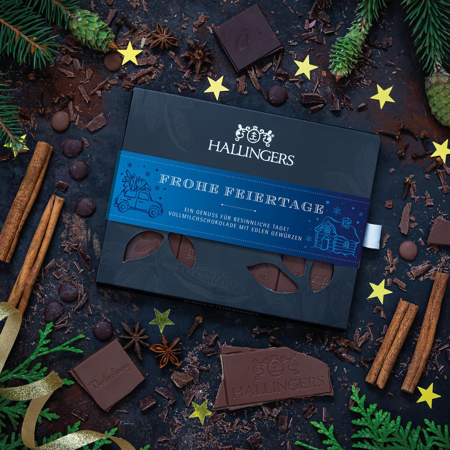 Hallingers Genuss Manufaktur Schokolade Weihnachts-Geschenk - Tafel Edelkakao handgeschöpft ohne Alkohol edler Karton 10x "Frohe Feiertage" Xmas-Gewürze, Weihnachten für Frauen Männer