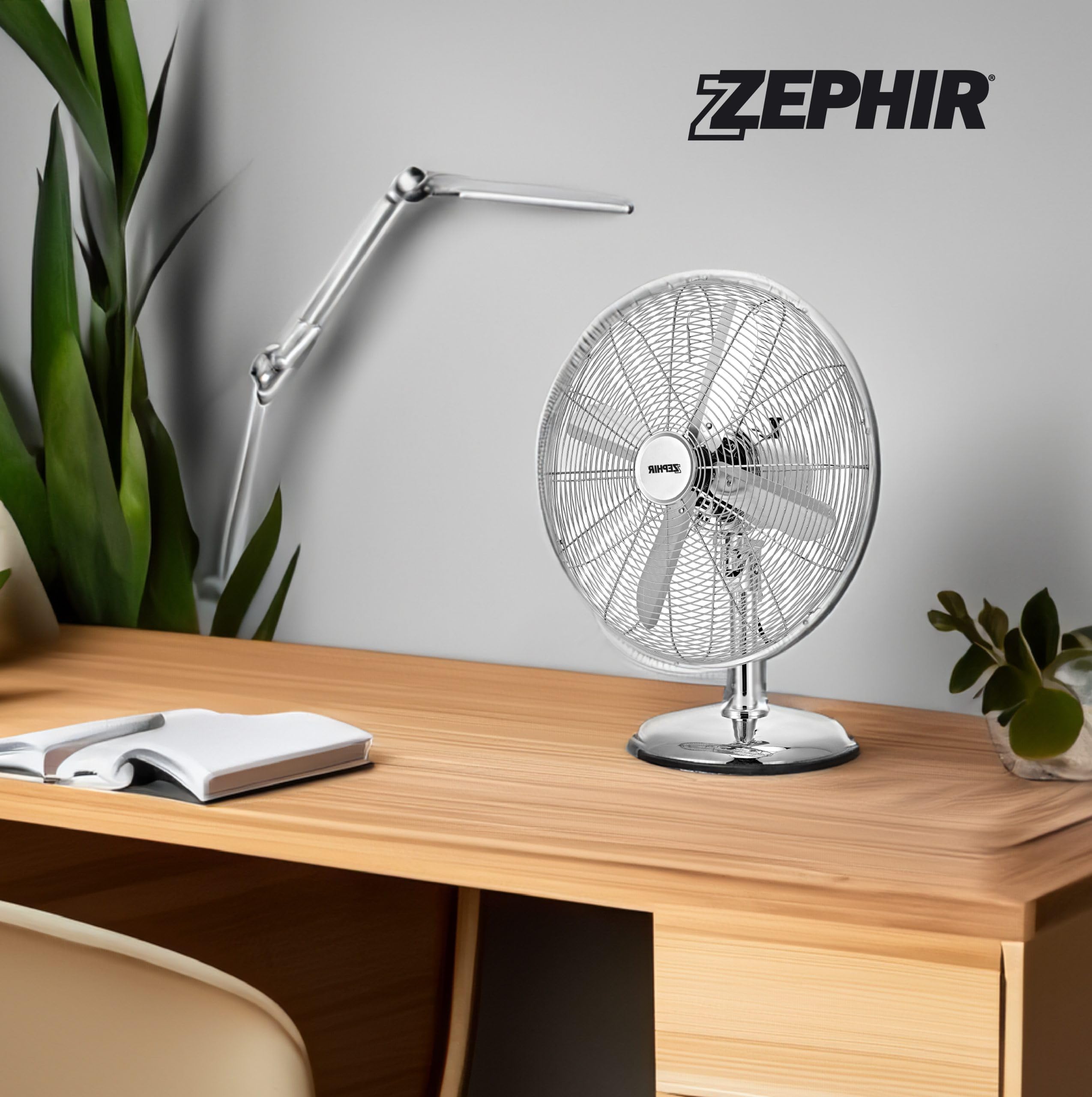 Generico Ventilatore da Tavolo Zep hir PF41CR 40 cm 4 Pale in Metallo Cromato 3 Velocità Oscillante Silenzioso Base Stabile 50W Design Moderno Acciaio Cromato