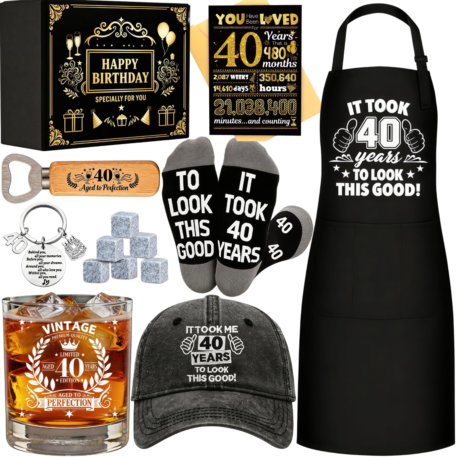 40th Birthday Gifts for Men Whiskey Glass Set, Cool Gifts for 40 Year Old Men with 11 Oz Whiskey Glass Apron Baseball Cap Sock Keychain Bottle Opener Greeting Card for Him Dad Husband Grandpa
