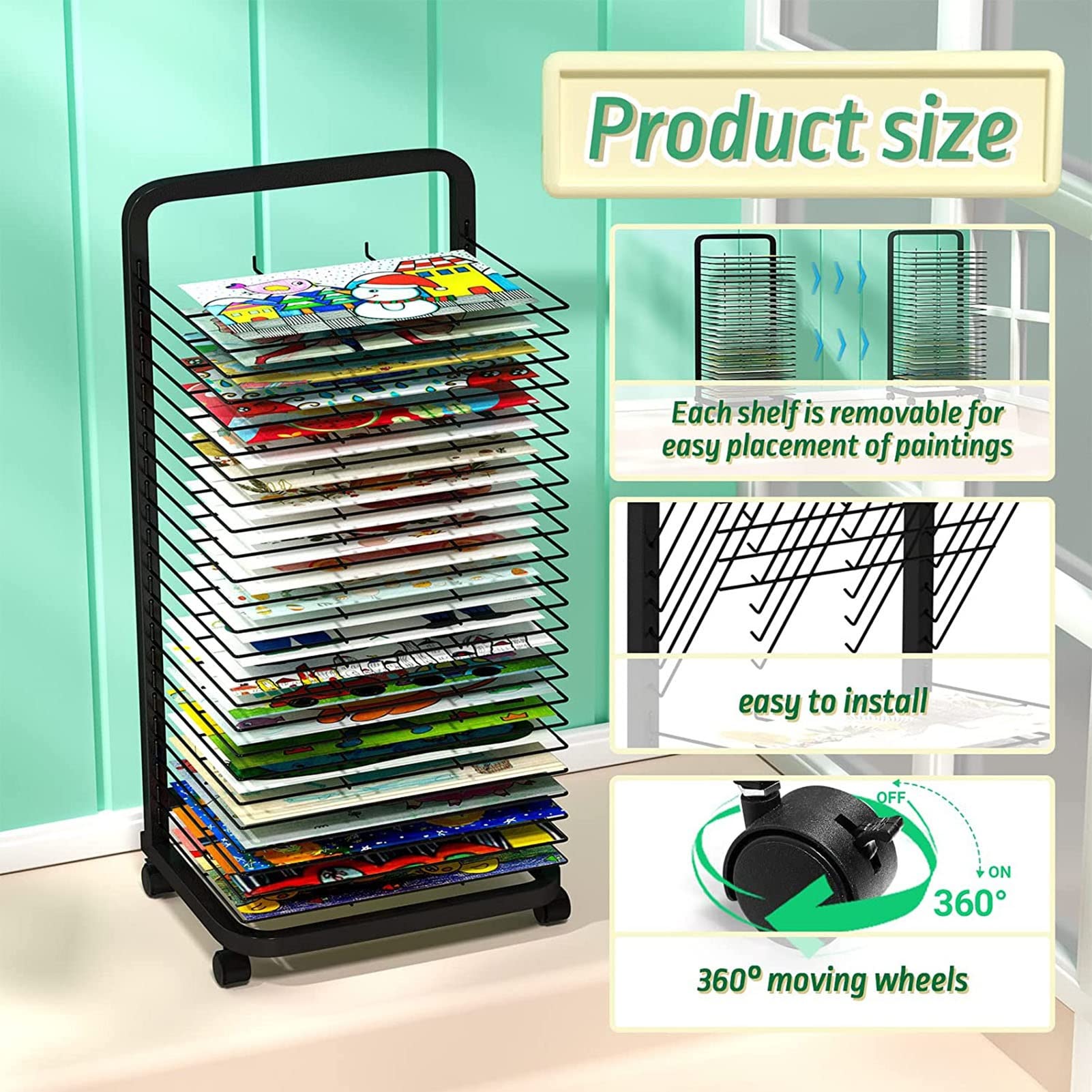 Supports d'impression, Support de séchage d'art Mobile pour Les salles de Classe, Support de Rangement d'œuvres d'art en métal Massif, Conception enduite de Poudre, Support de séchage avec r