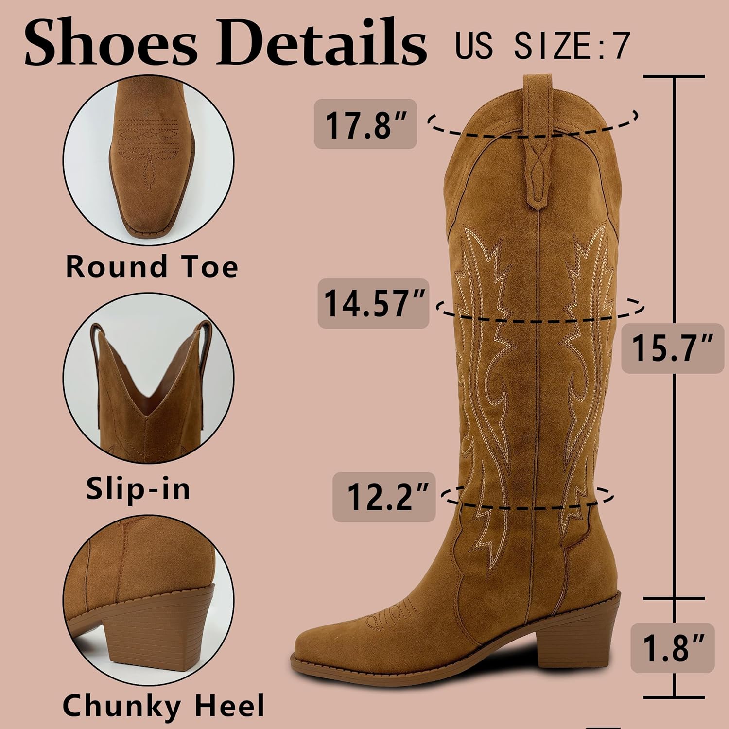 Cowboy Boots Women Western Cowgirl Boots Faux Fur Heel Knee High Tall Boots Comfy Low Chunky - Image 4