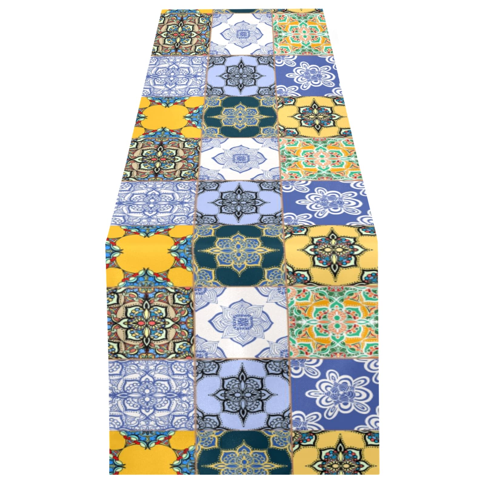 Poeticcity Multi 9 Tribal Moroccan Portuguese Tiles Ornaments Blue White Yellow 13" X 90" Rectangle Table Runner Long Tablecloth Placemat For Party Home Decor Indoor Outdoor Office Kitchen Dining Wedding
