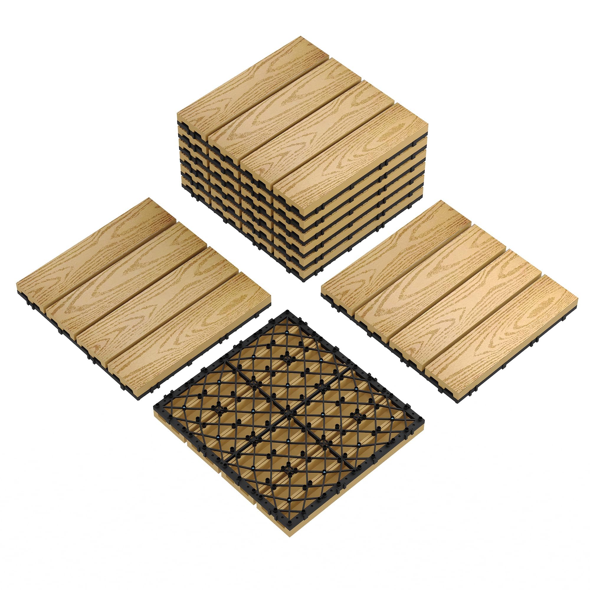 Dalles de terrasse clipsables en composite imitation bois,30 * 30cm Étanches et antidérapantes Idéal étenduérieur/intérieur Pour balcon, jardin, piscine, patio (Couleur teck, Lot de 9)