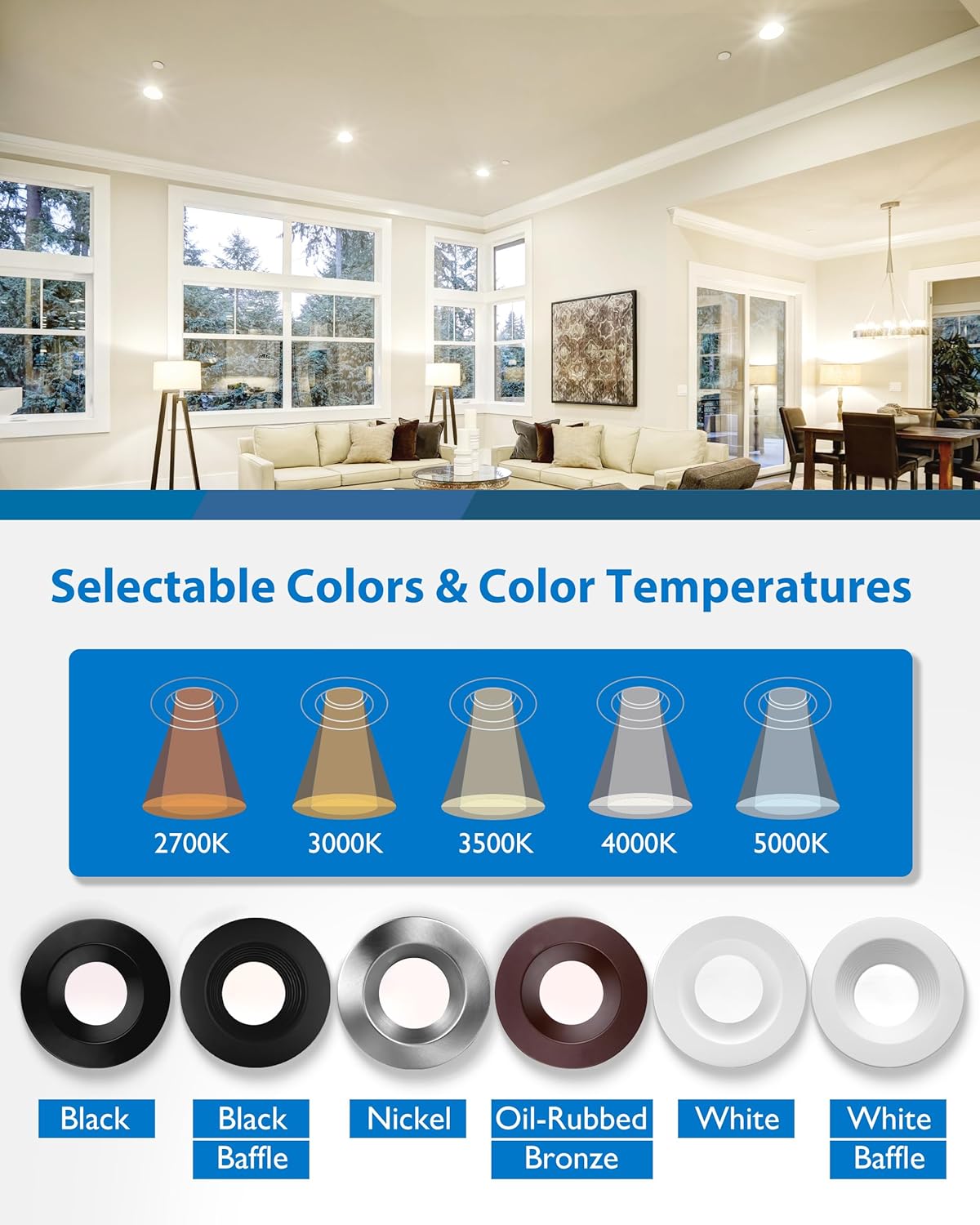Diagram showing five selectable color temperatures: 2700K (warm white), 3000K (soft white), 3500K (neutral white), 4000K (cool white), and 5000K (daylight). Also shows various trim colors: Black, Black Baffle, Nickel, Oil-Rubbed Bronze, White, White Baffle.