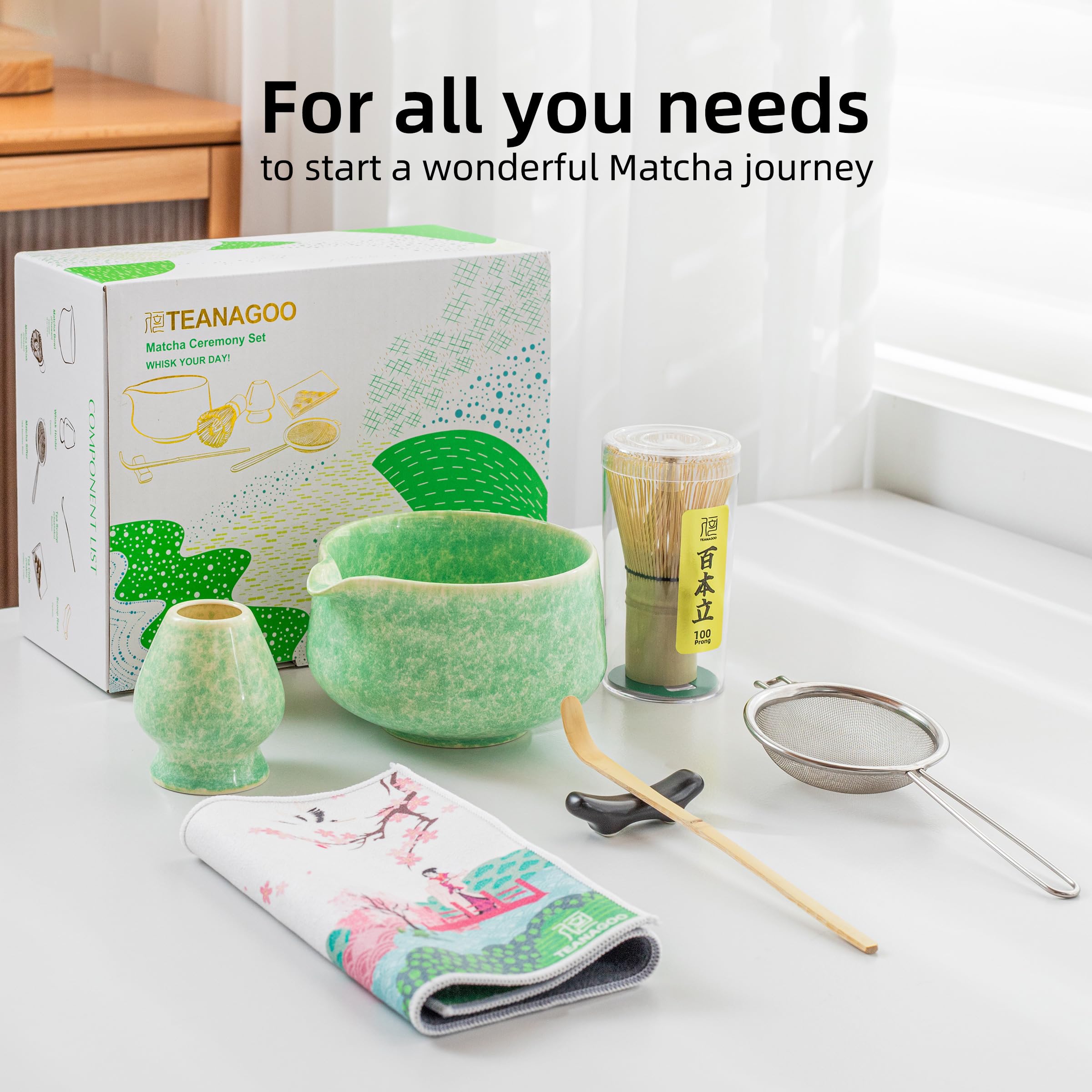 TEANAGOO Set di fruste Matcha, 7 pezzi, verde, kit per cerimonia matcha, set da tè matcha