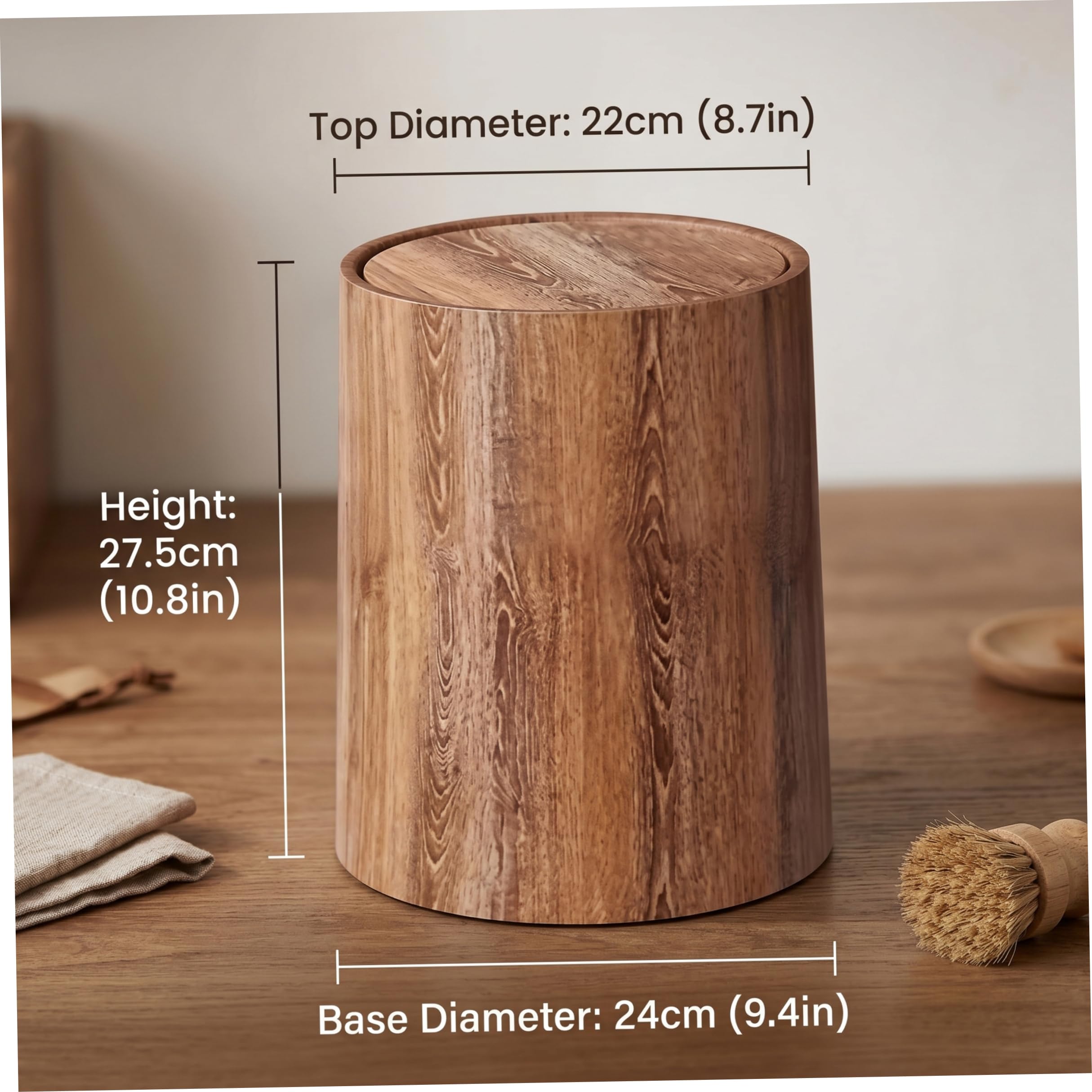 Pattumiera coperta, pattumiera con coperchio basculante a doppio strato con coperchio, cestino per rifiuti in plastica con venature del legno 9x11 pollici per ufficio domestico, marrone