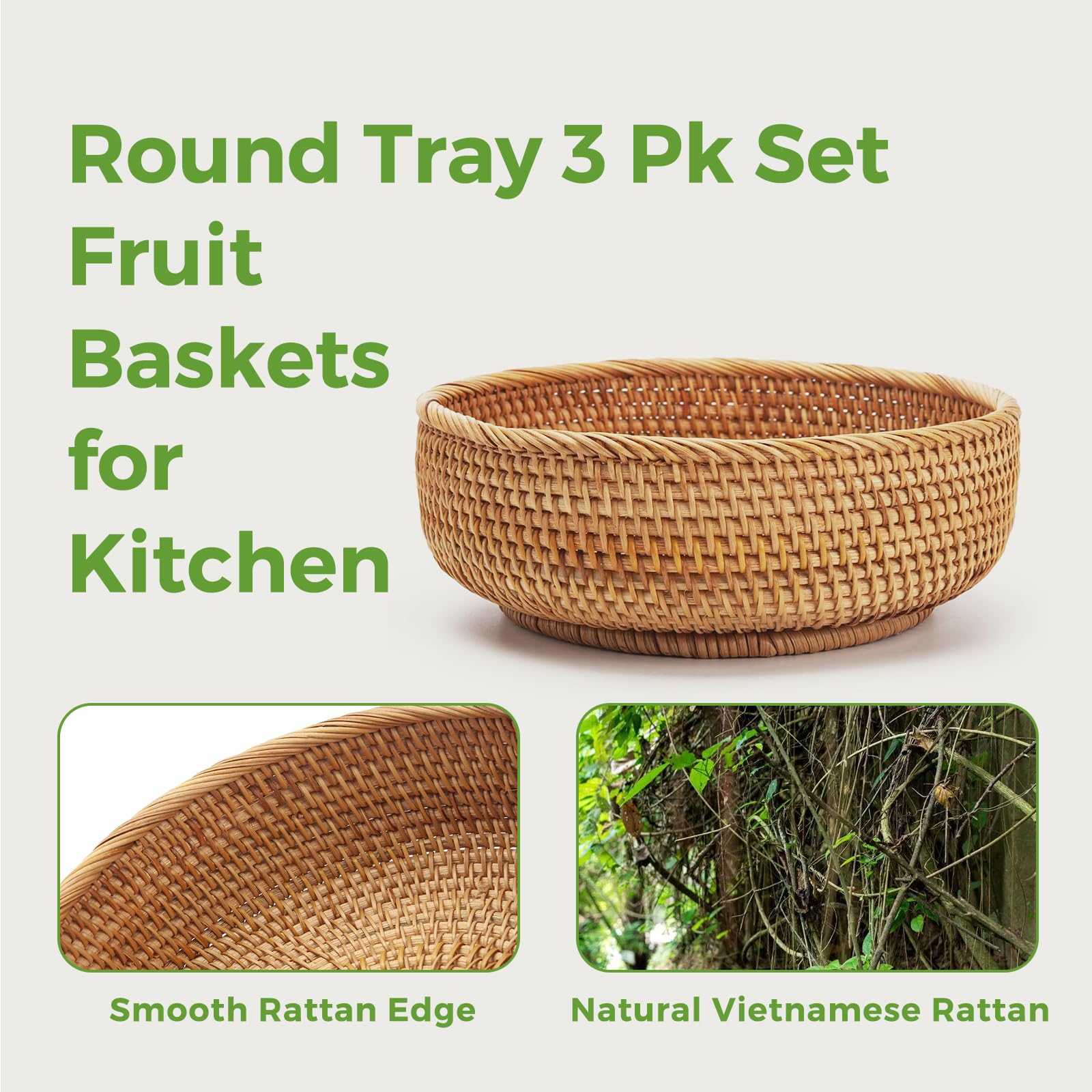 Cesta de pan de ratán, juego de 3 cestas redondas de mimbre para almacenamiento de mimbre natural, cestas decorativas para organizar encimera de cocina, bandeja de servir de ratán