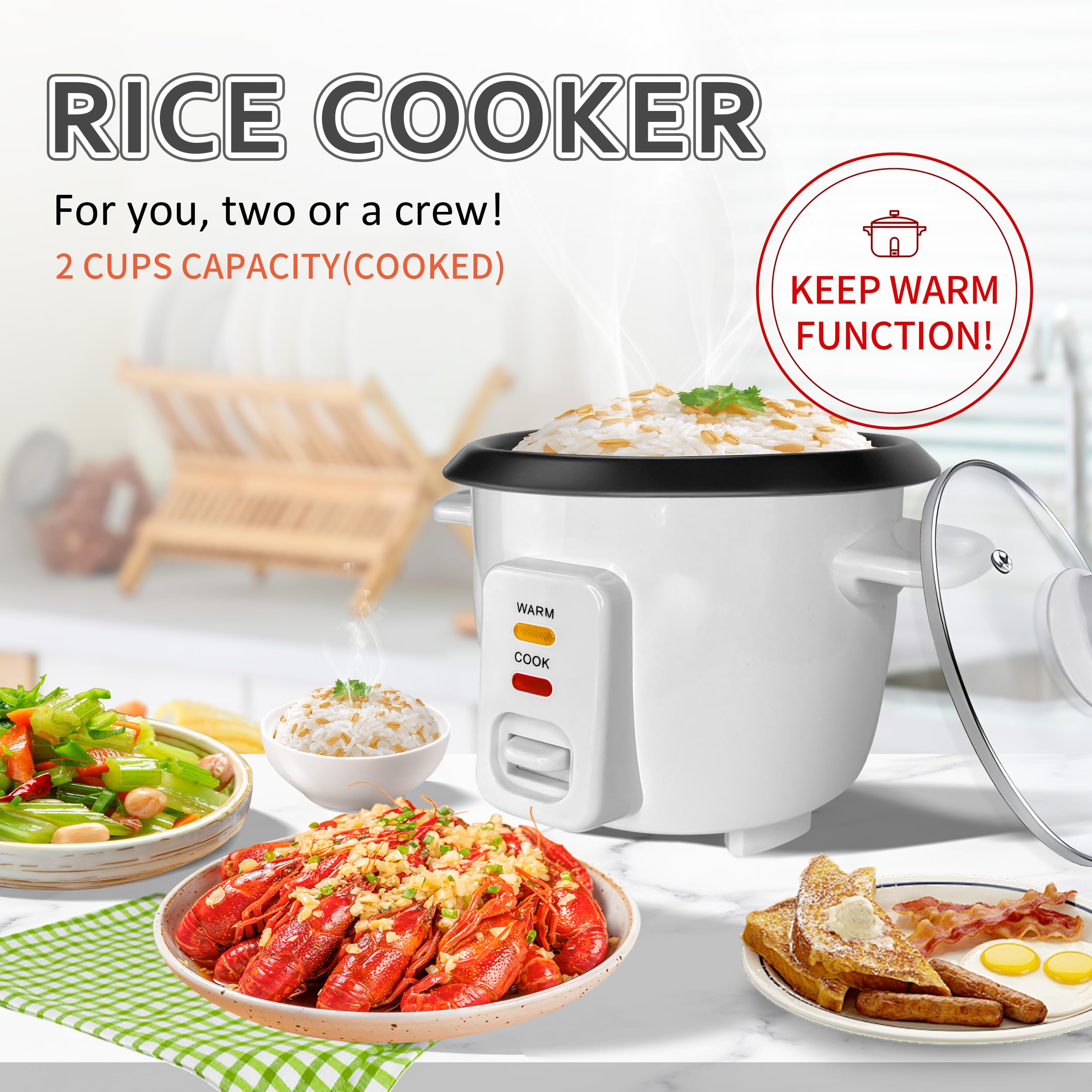 Mishcdea Mini rice cooker Uncooked), Electric Rice Cooker Small with Removable Nonstick Pot & Food Steamer, 12H Automatic Keep Warm, for Rice, Soups, Stews, Grains, Oatmeal (white-2cup)