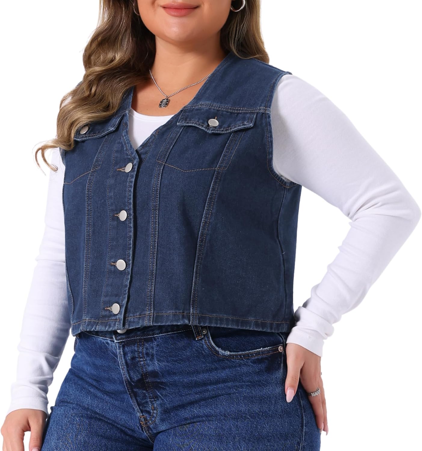 Agnes Orinda Women's Plus Size Denim Vest Sleeveless V Neck Button Down Casual Jean Waistcoat Jackets - Image 2