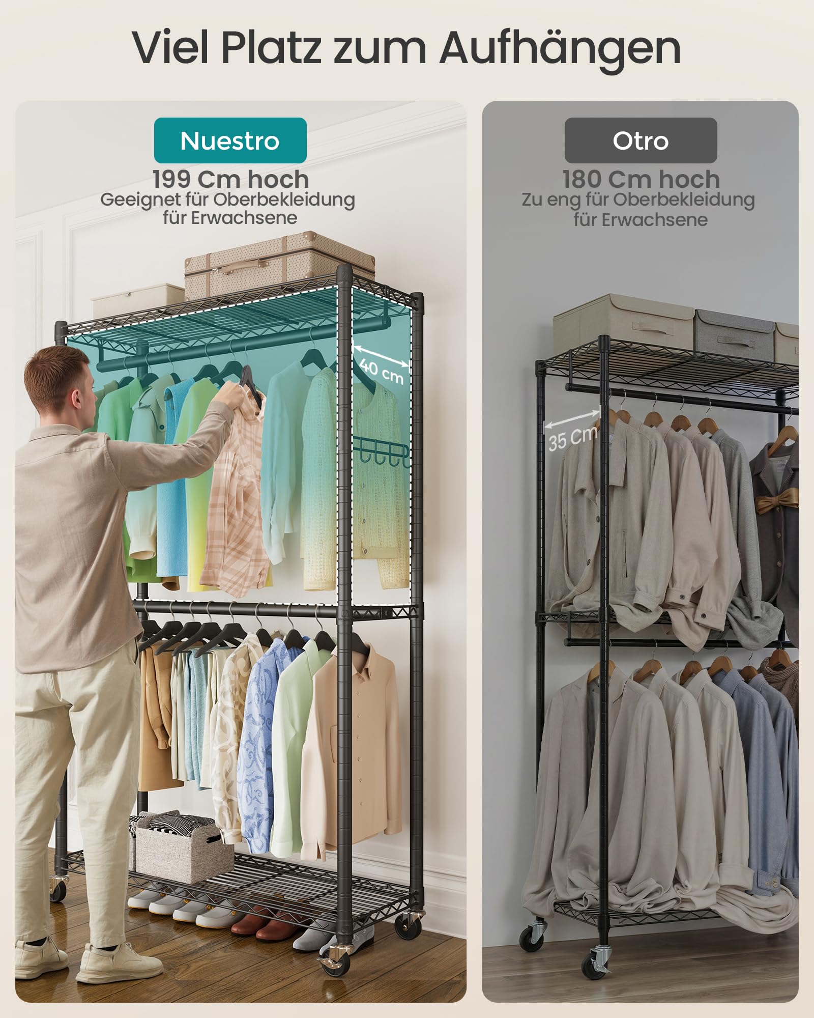SONGMICS Kleiderständer, Schwerlast, 2 Kleiderstangen, bis 192 kg | Garderobenständer aus Stahl, mit Rollen, Höhenverstellbar, 2 Ablagen, 90 x 40 x 199 cm, DALTEN Kollektion LGR416BH01