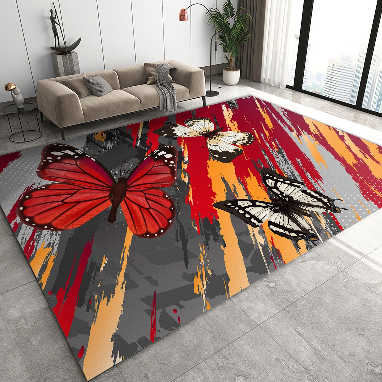 Area Rug 150x210cm Indoor Vintage Living Room Carpet, Tie Dye Butterfly Print Area Rug, Fashion Washable Non Slip Low Pile Pet Friendly Distressed Accent Throw Rug for Bathroom Floor Dorm playroom