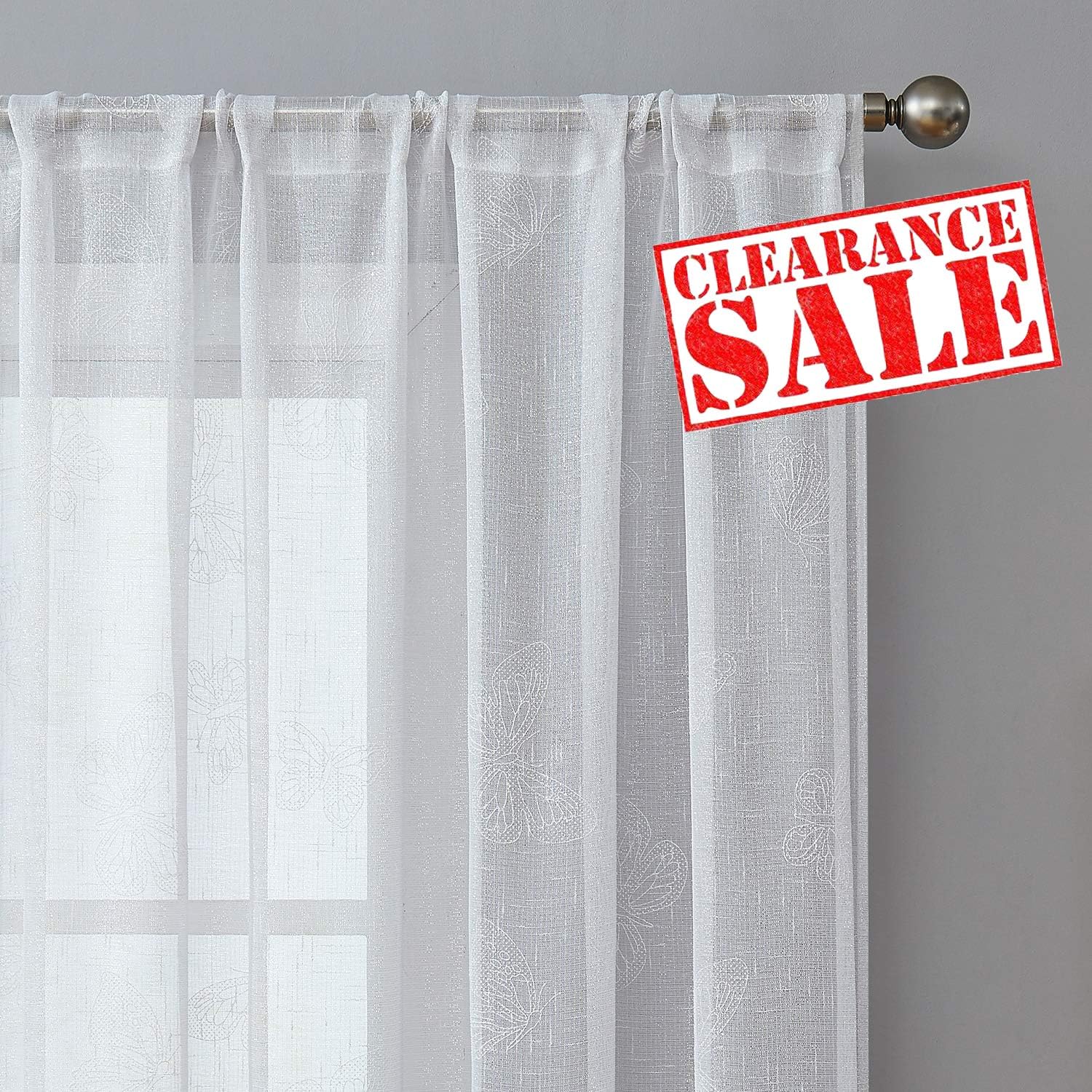 White Butterfly Sheer Curtains 84" Long Open Weave Print Window Panels for Living Room Voile Drapes Rod Pocket 2 Panels