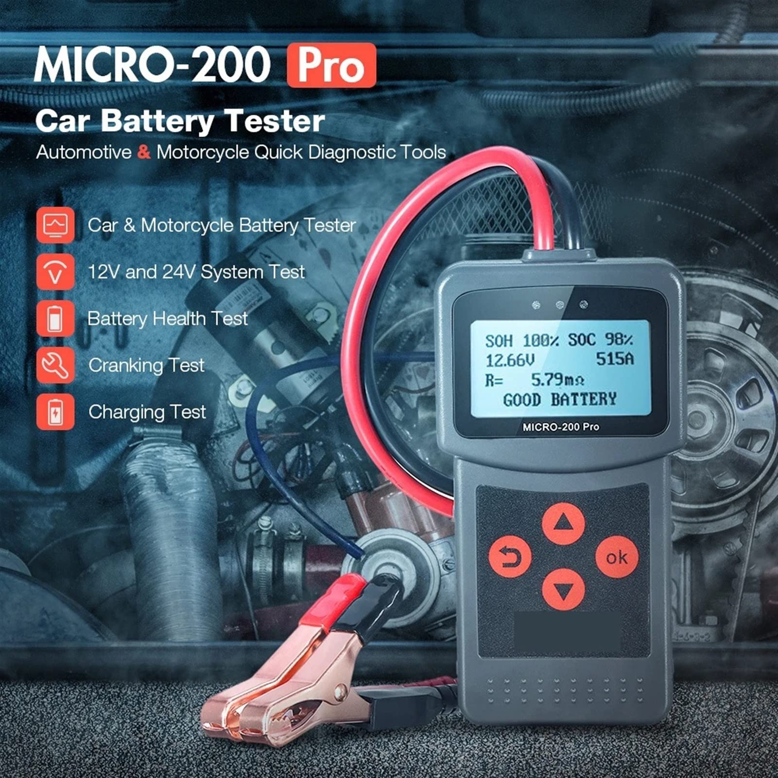 Comprobador Del Probador De BateríA De Coche, Probador de batería de coche Micro200 Pro 12V 40-2000CCA Analizador de batería de plomo ácido Prueba de arranque Herramienta de diagnóstico de prueba de c