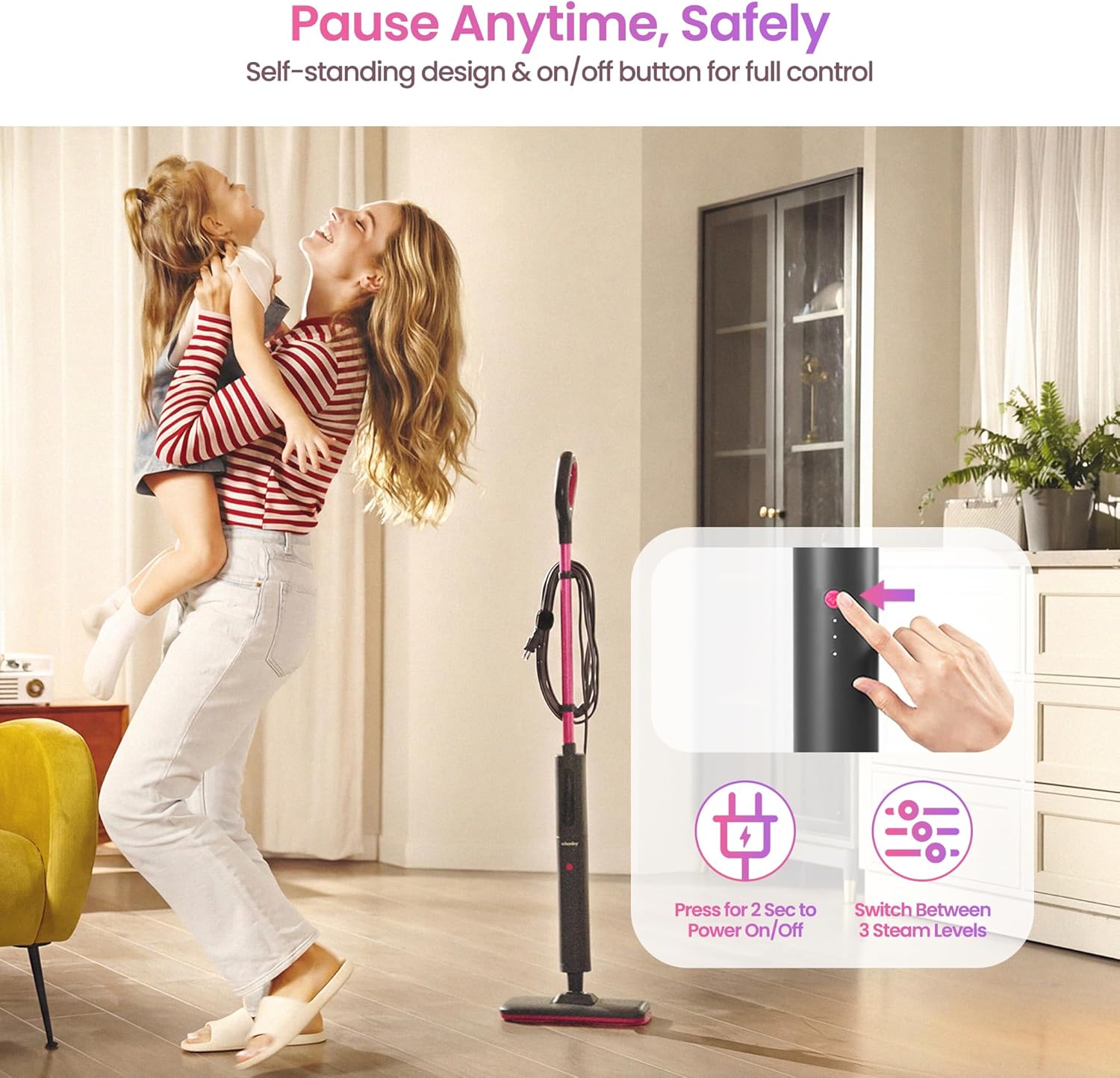 A woman demonstrating the self-standing feature of the Schenley Steam Mop and highlighting the power and steam level controls.