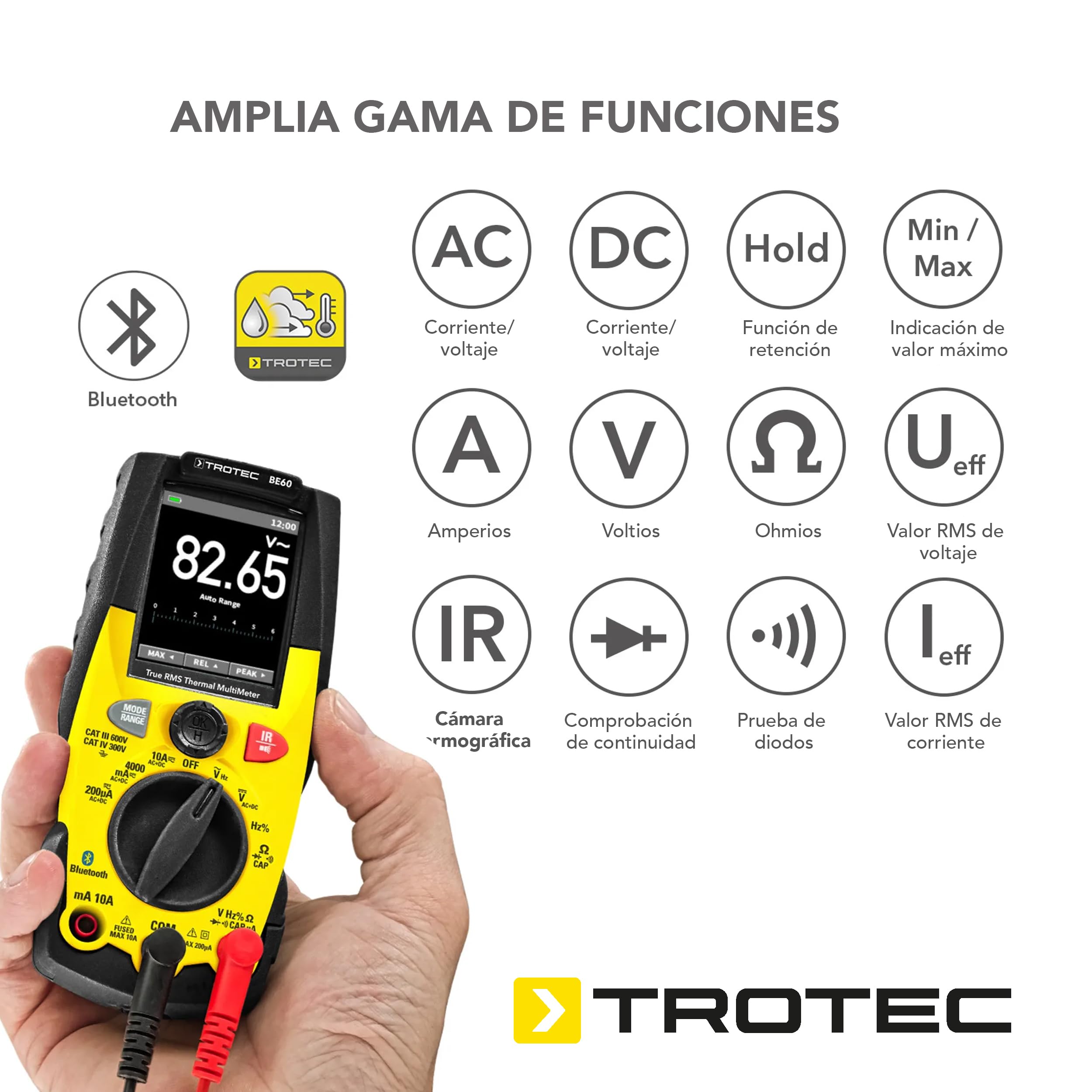 TROTEC Multímetro digital True RMS con cámara termográfica integrada BE60 | once funciones de medición aplicación para smartphone Bluetooth