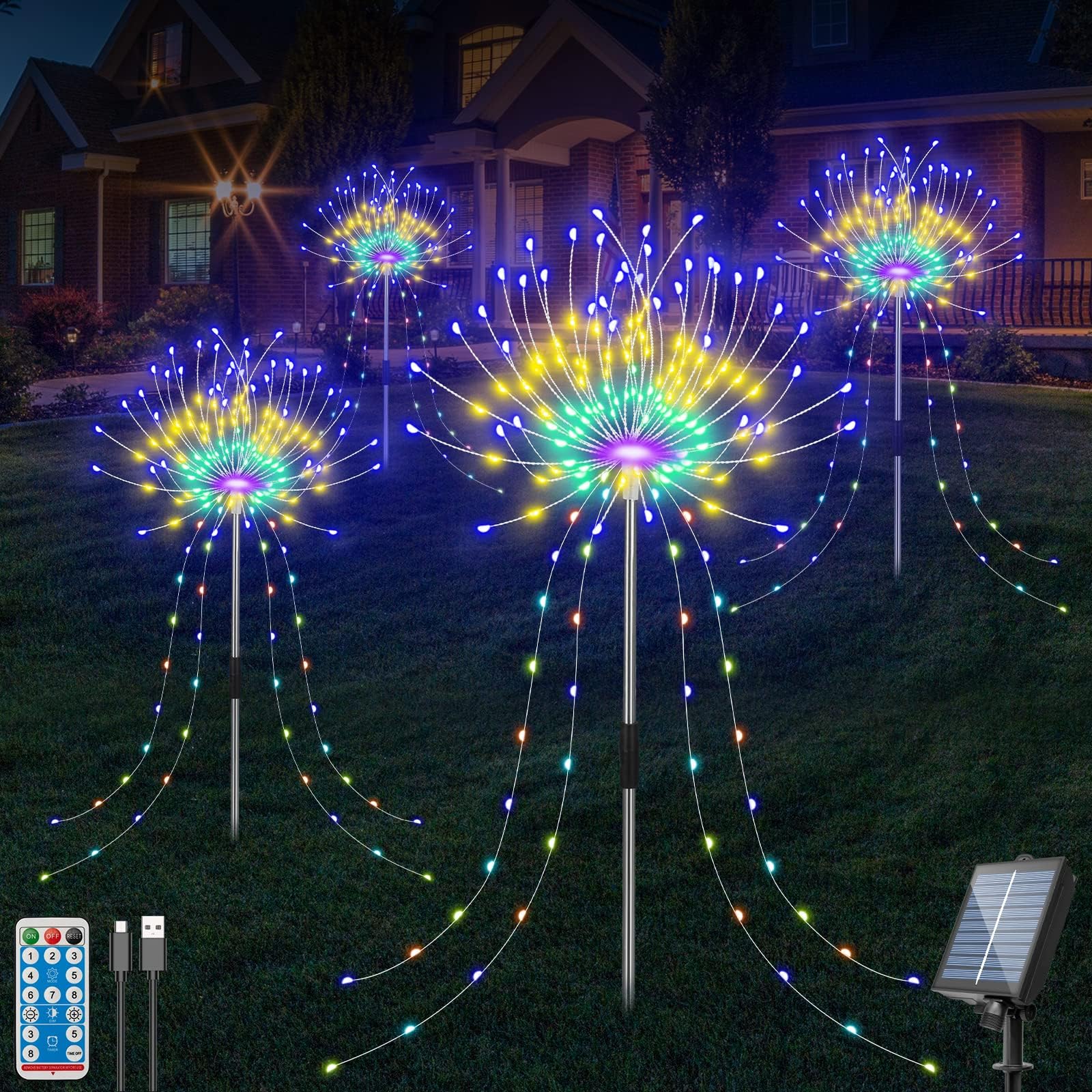 Solar Garden Lights Outdoor, 4Pack 640LED Solar&USB Powered Firework