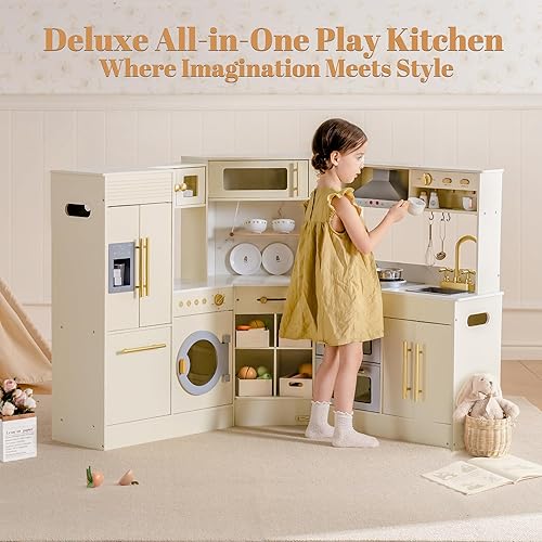 Miniatura 3 de ROBUD Juego de cocina de madera, cocina de esquina de juego de simulación, juego de cocina para niños con luces y sonidos, cocina de juguete