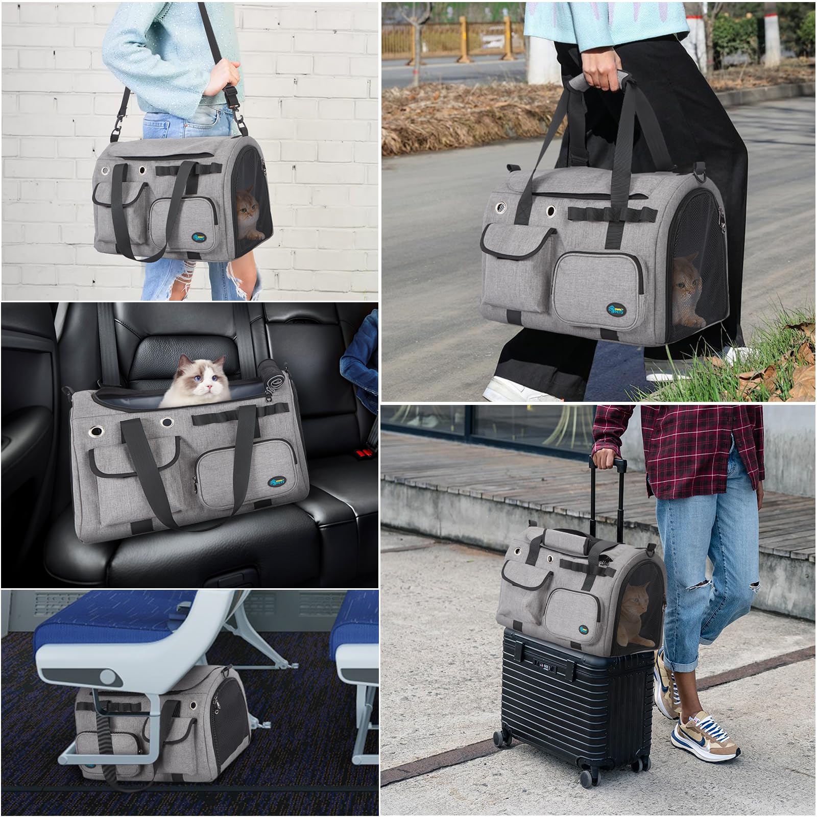 Ownpets Faltbare Transportbox Katze, 45x30x31cm, Flugtauglich | Faltbarer Metallrahmen, 300D PVC wasserdicht, Koffer-Befestigung, Leicht zu reinigen
