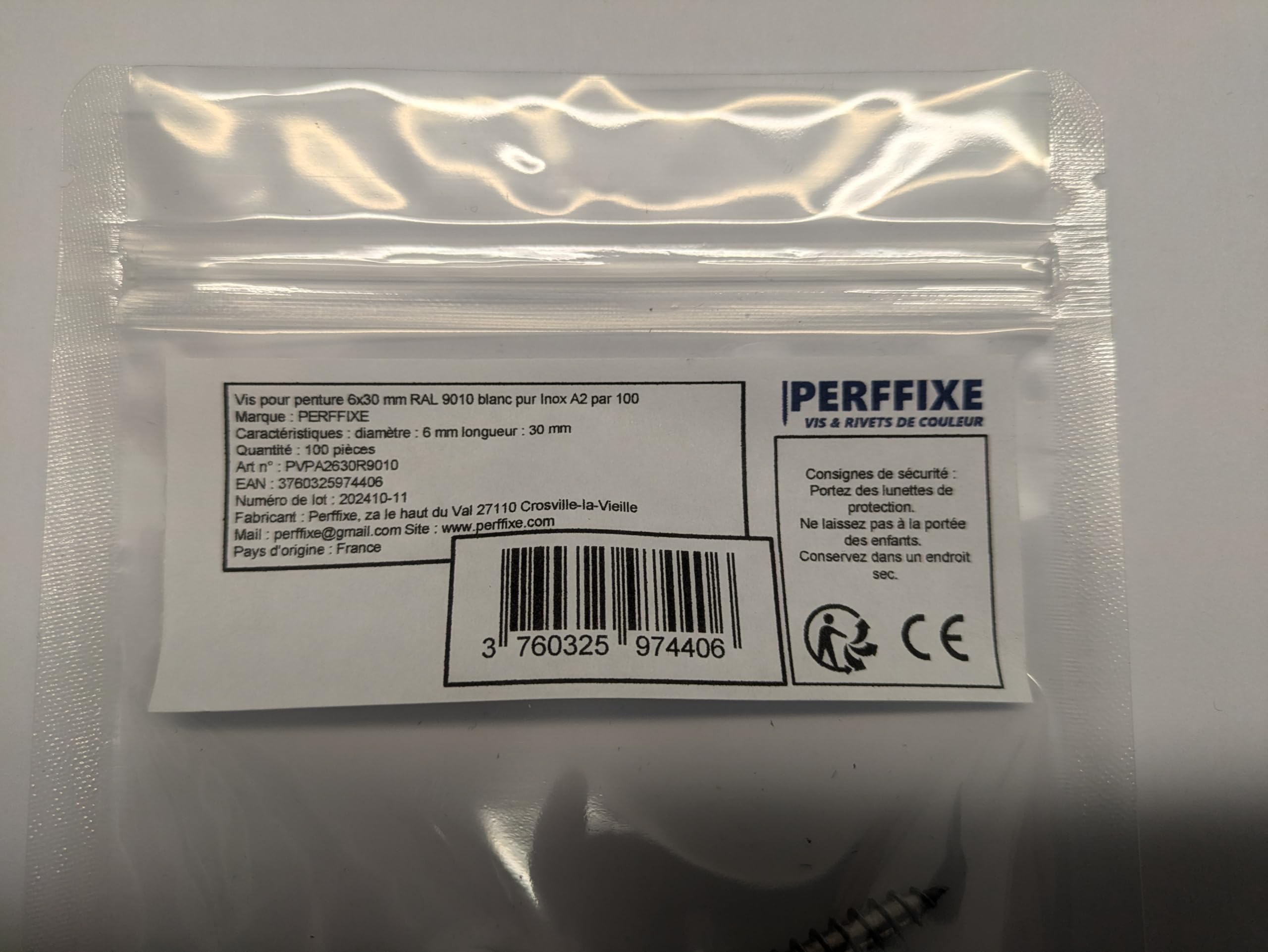 Vite per penture 6 x 30 mm RAL 9010 bianco puro Inox A2 da 100