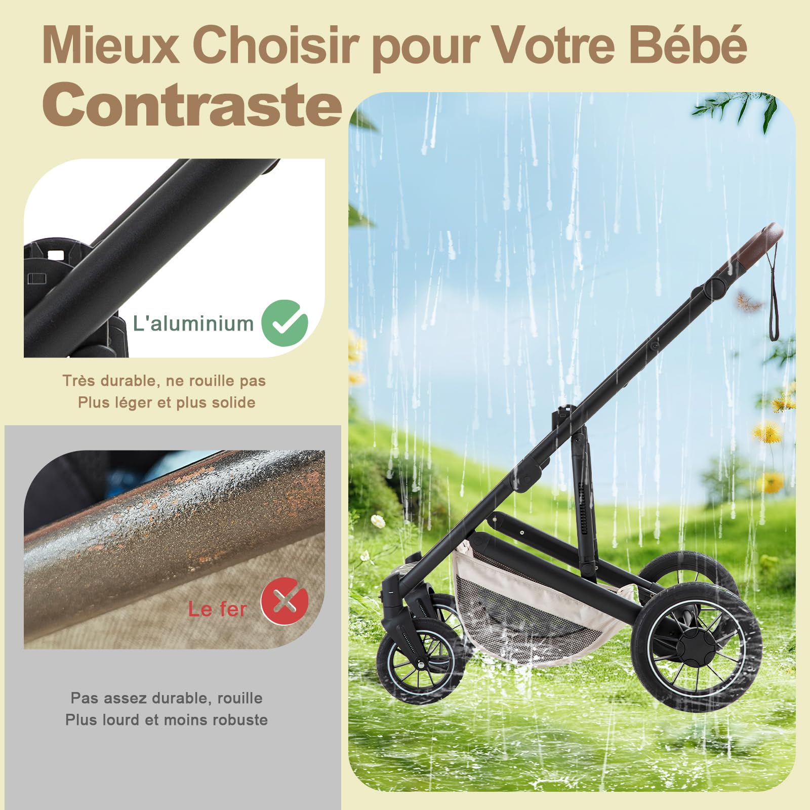 Poussette 3 in 1 Beige - Ensemble avec Siège Auto, Tout Terrain avec Poignée Réglable, Panier de Couchage et Nacelle avec Couvre-Pieds Surélevé, 0-4, 22KG
