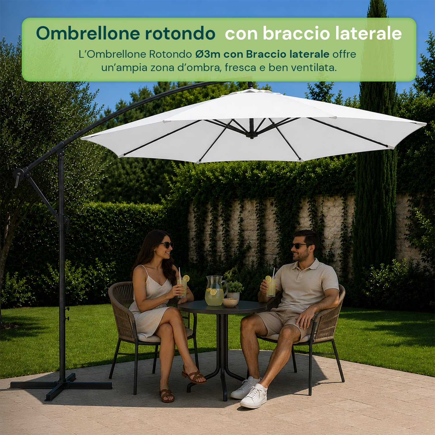 Avilia - Ombrellone da Giardino 300 cm Altezza 2,5 m con Braccio Decentrato, Tessuto Impermeabile e Anti Raggi UV, Apertura a Manovella, Design Moderno per Arredo Giardino per Esterno