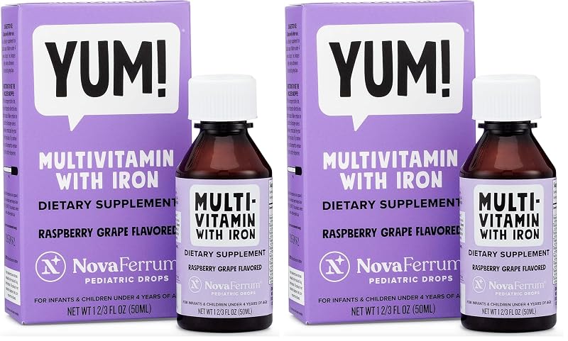NovaFerrum Multivitamínico líquido com ferro para crianças de até 4 anos, sabor framboesa e uva, 2 frascos de 50 mL