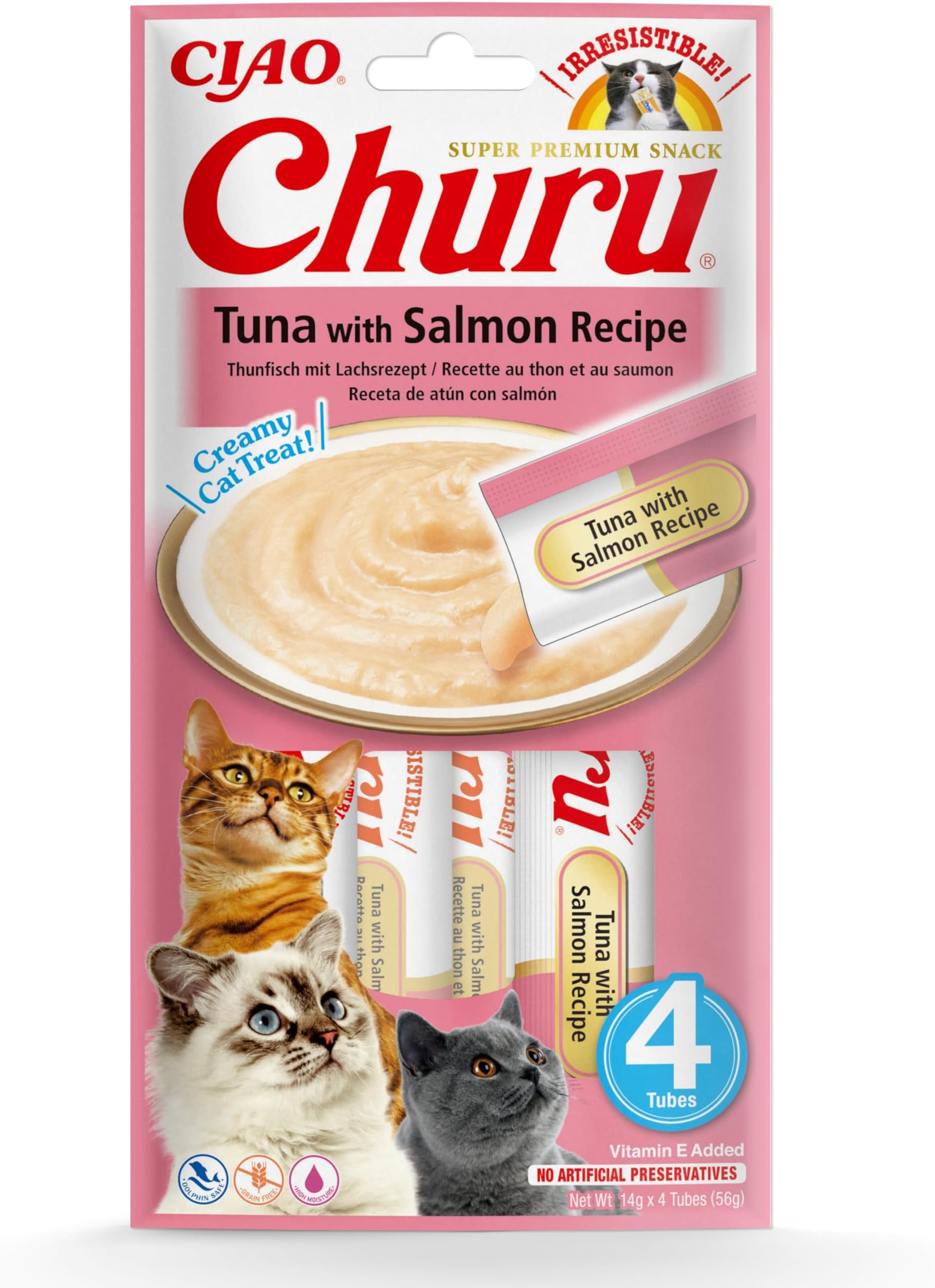 Ciao Churu Sticks by INABA Cat Treat - Tuna & Salmon Flavour (4 x 14g) / Soft & Creamy Cat Treat, Delicious & Healthy Snack, Squeezable Purée Food Topper, Pill Assist, Natural, Grain Free