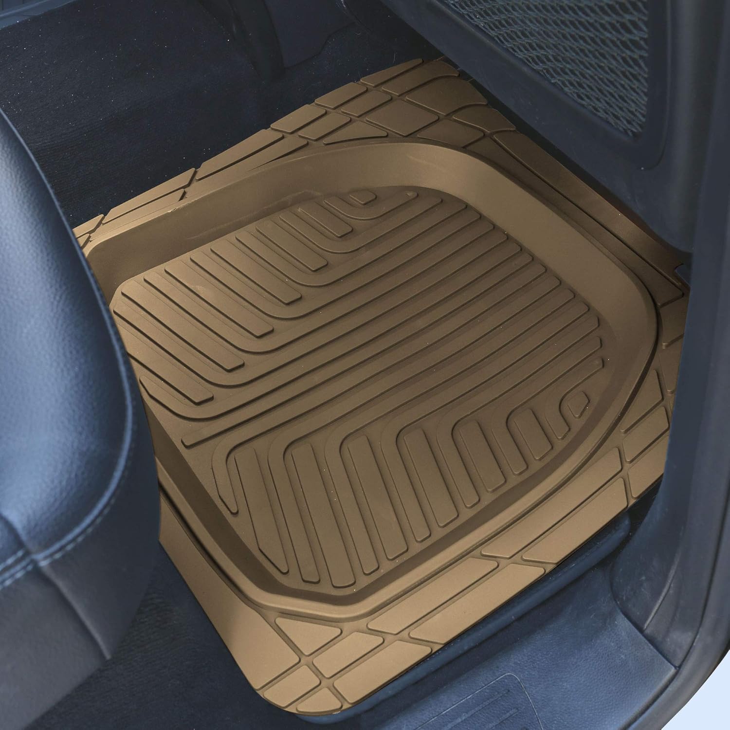 FH Group Universal Fit Heavy Duty Rubber Trimmable Tray Liners Automotive Floor Mats fits Most Cars, SUVs, and Trucks, Full Set Beige