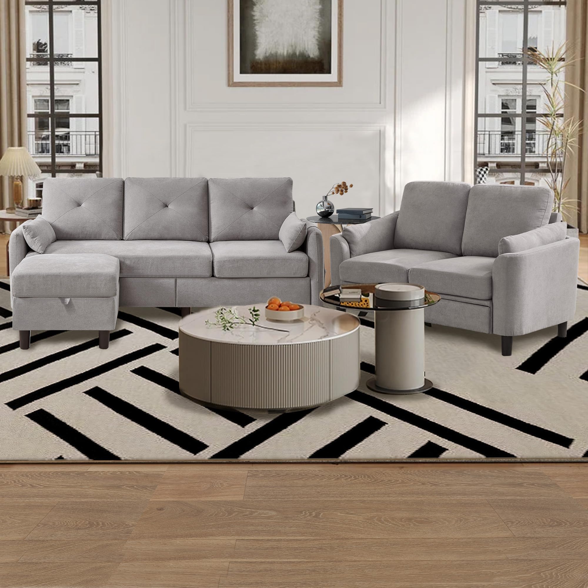 Jarenie 77 Inch Convertible L-Shaped Loveseat with Ottoman