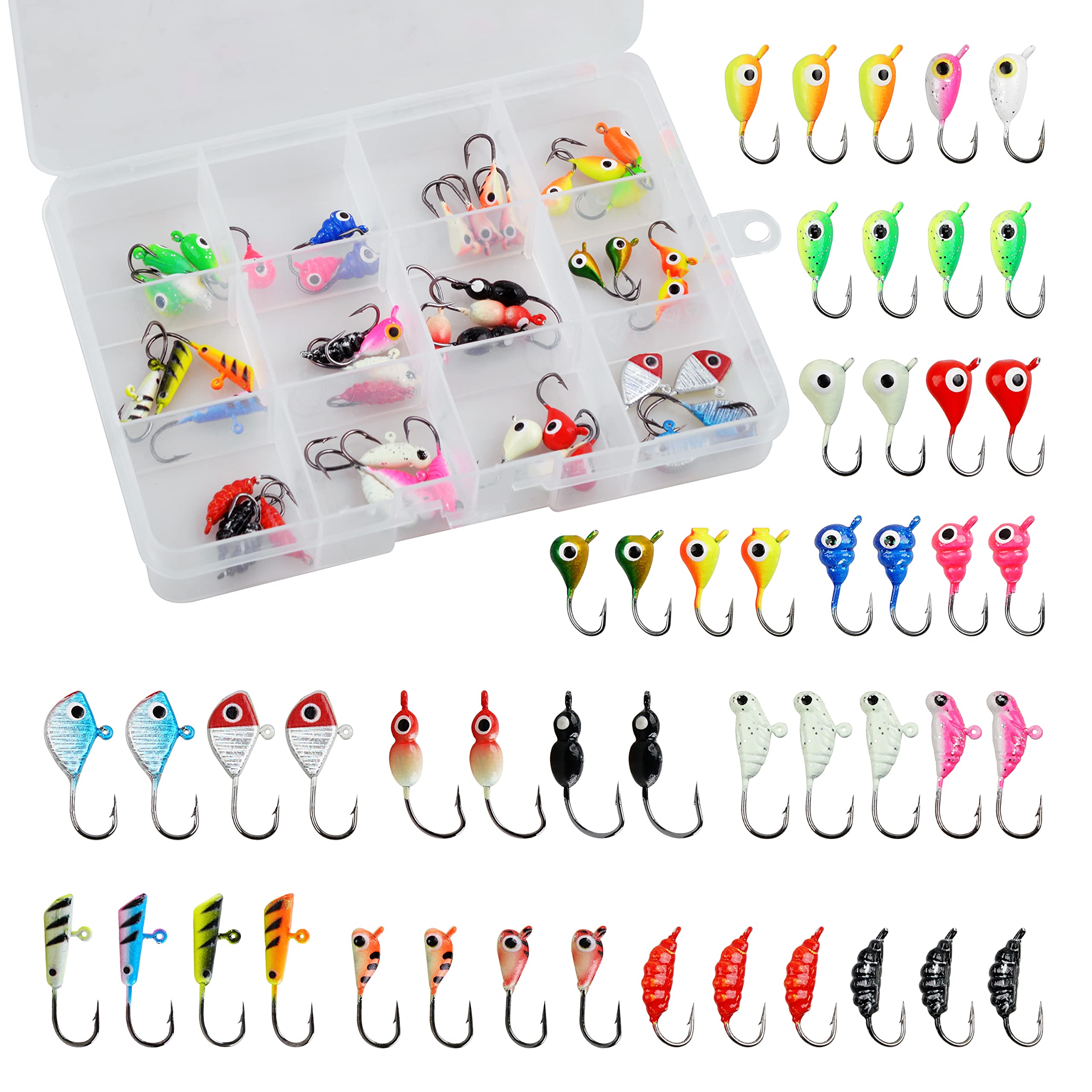 Ice Fishing Jigs Lures kit,48pcs Luminous Ice Fishing Gear Crappie Panfish Jigs Head Fishing Hooks Set for Winter Ice Jigging Walleye Perch Bluegill