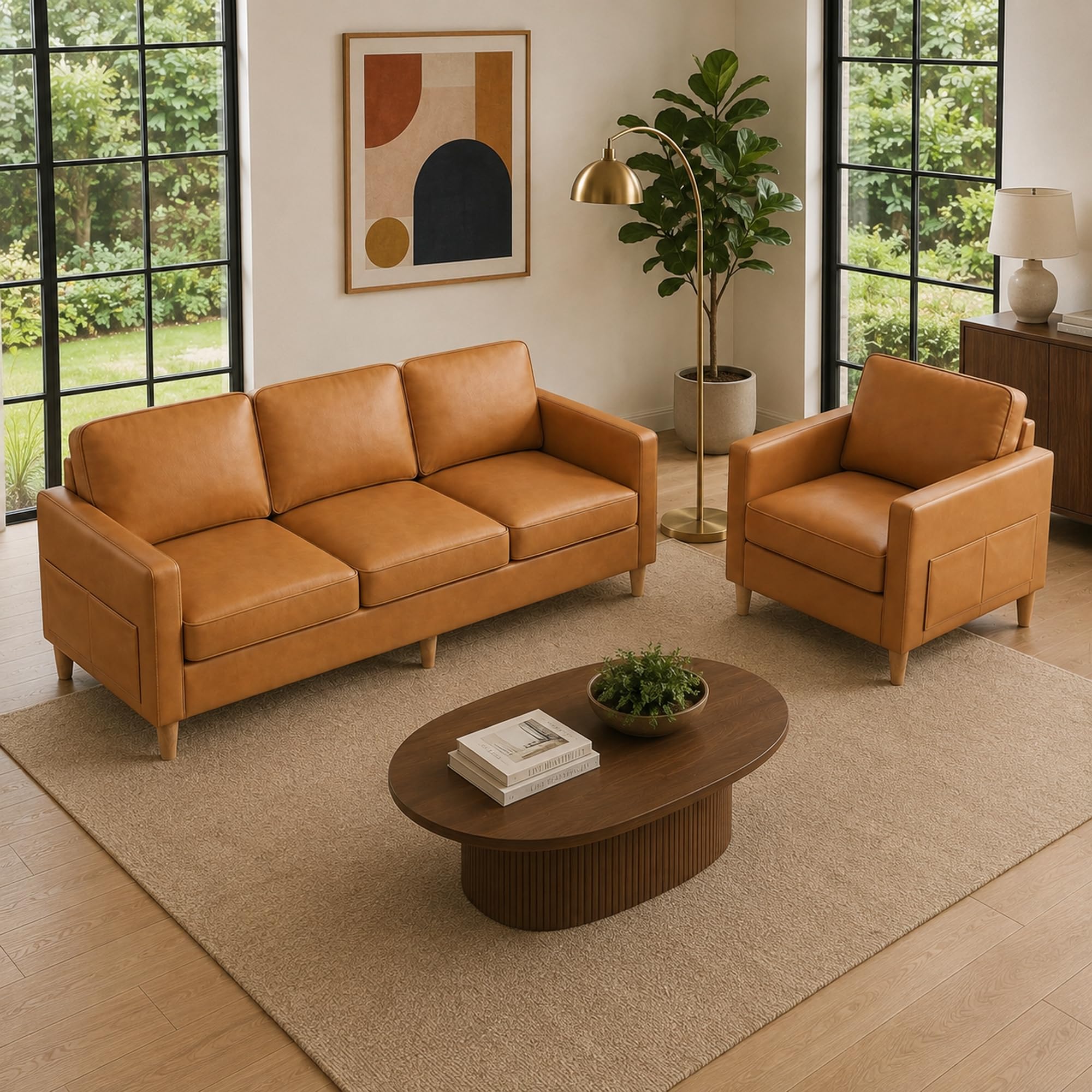 Kingfun Couch Set for Living Room, 3 Seater Faux Leather Sofa and Armchair