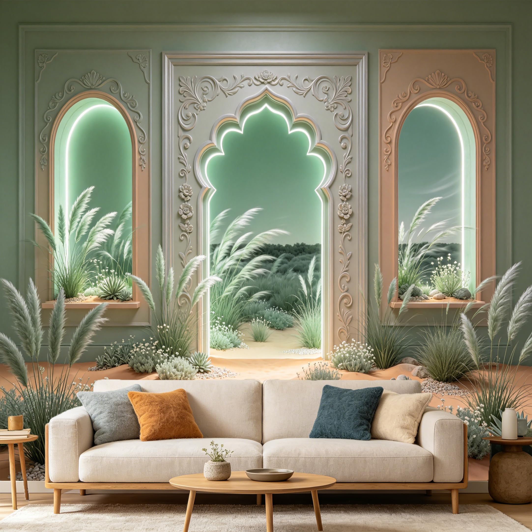 Custom Size Wall Mural， 3D Archway Desert Dune Botanical Landscape， SelfAdhesive Art Prints wall Fabric Removable Large Wallpaper Home Living Room Decor Aesthetic
