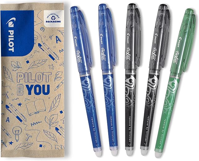 Pilot Frixion Point Erasable Rollerball 0.5mm Tip - 2 Blue/2 Black/1 Green, Pack of 5