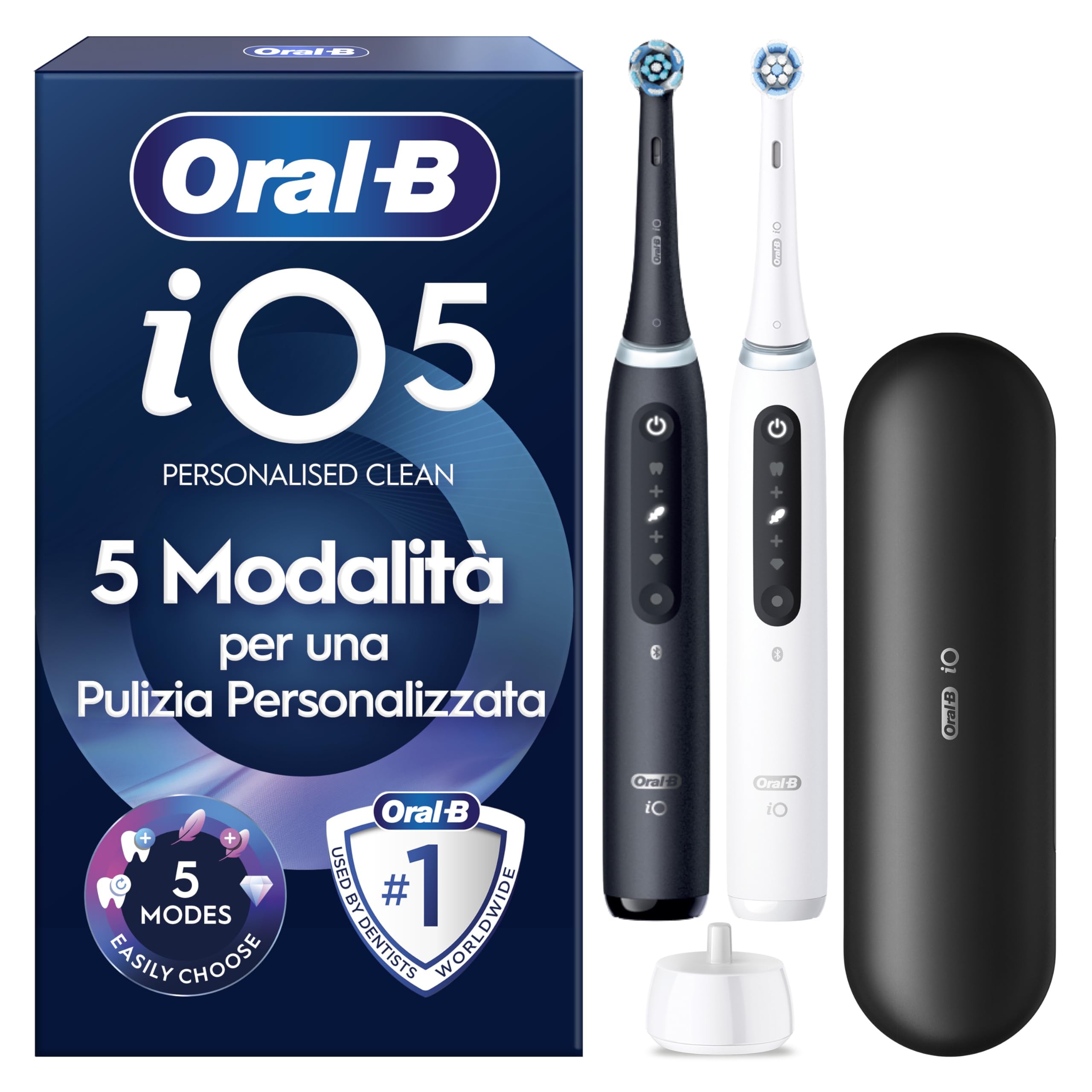 Oral-B iO 5, 2 Spazzolini Elettrici, 2 Testina Ricambio, Custodia, Bianco e Nero - 2 Testine di Ricambio per Spazzolino Elettrico, Ricaricabile, Custodia, Sensore di Pressione, Pulizia Denti