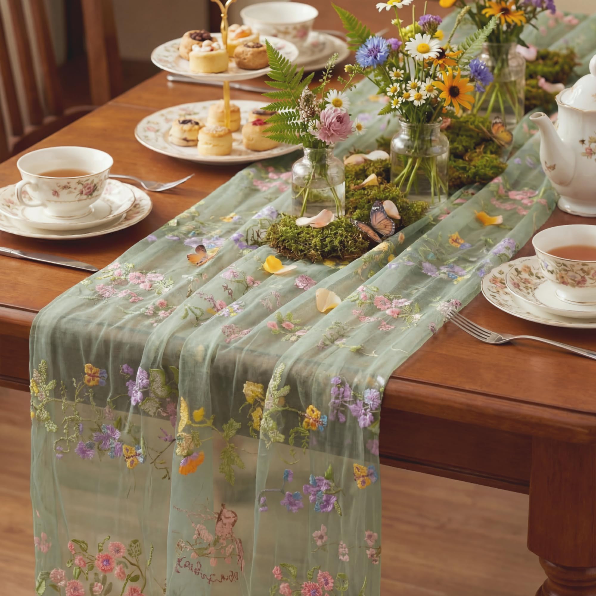 Amazon.com: Windkream Sage Green Floral Table Runner 10ft