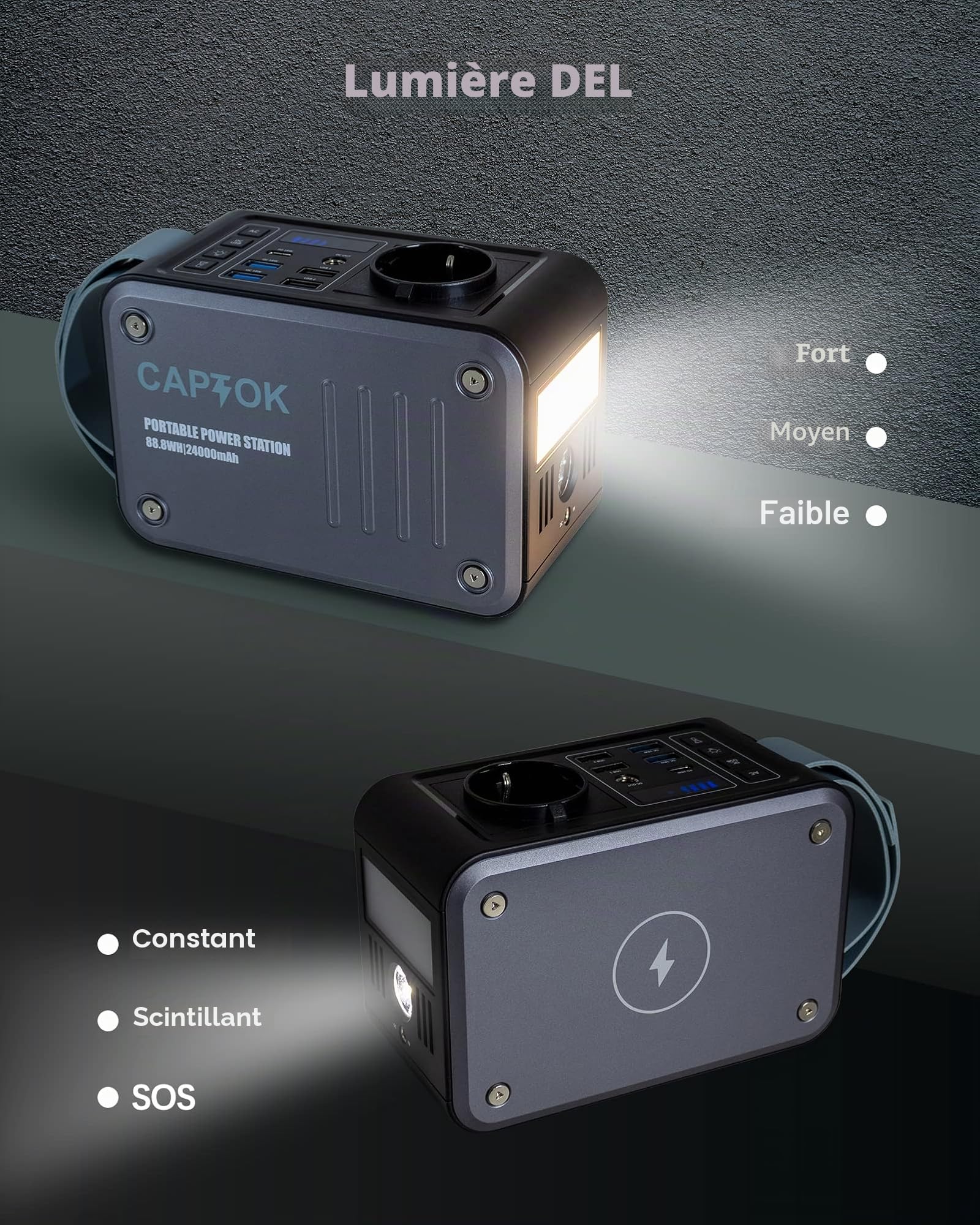 Batterie Externe 230 V avec Prise 88,8 Wh Powerstation, Chargeur sans Fil 10 W, générateur Solaire 120 W USB LED pour Camping, Urgence en Plein air