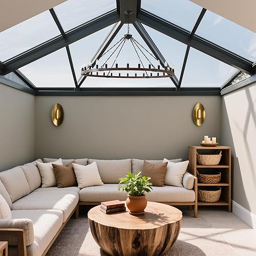 Miniatura 8 de Lámpara de araña de rueda de carreta de madera de nogal negro de 53", 30 luces rústicas de granja con bombillas E12, iluminación colgante redonda