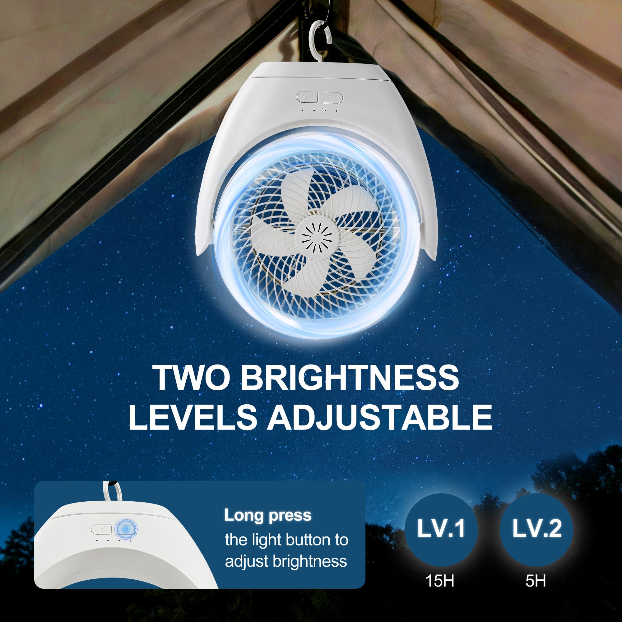 HARPER LIVING Ventilatore da scrivania ricaricabile, ventilatore portatile USB da tavolo con luce LED, ventilatore da tavolo 3 velocità e regolazione continua, regolabile a 120°, piccolo ventilatore