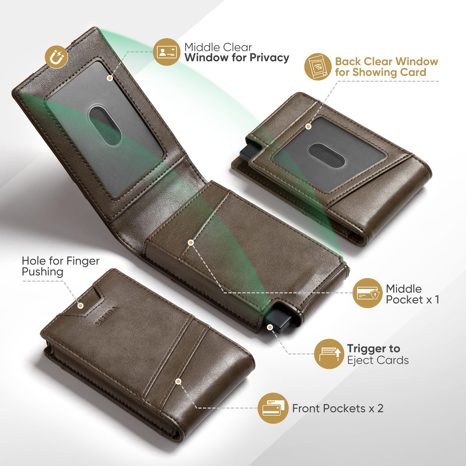 VULKIT Mens Card Holder for Max. 12 Cards, with Pop-Up Credit Card Case and Double Window Slots for ID and Key Card, Green