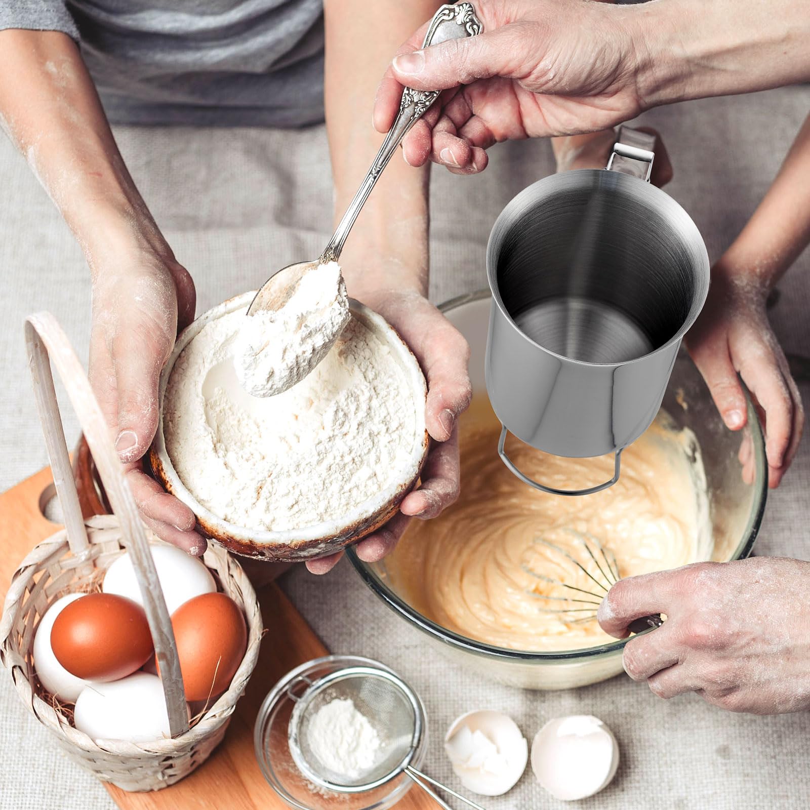 2 dispensadores de masa de panqueques de acero inoxidable de 27.1 fl oz, dispensador de mezcla de panqueques de mano de 27 onzas con asa embudo de masa para hacer velas, magdalenas 6