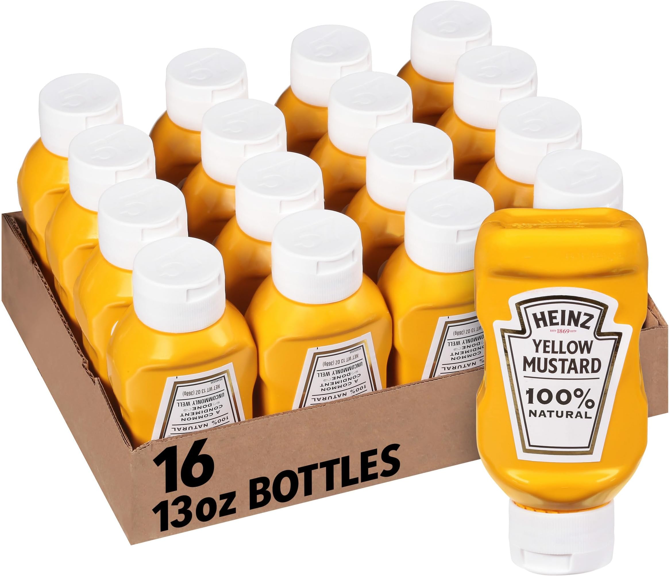 Heinz 100% Natural Yellow Mustard (Forever Full, Inverted, No Seal to Peel, 16 ct Casepack, 13 oz Bottles)