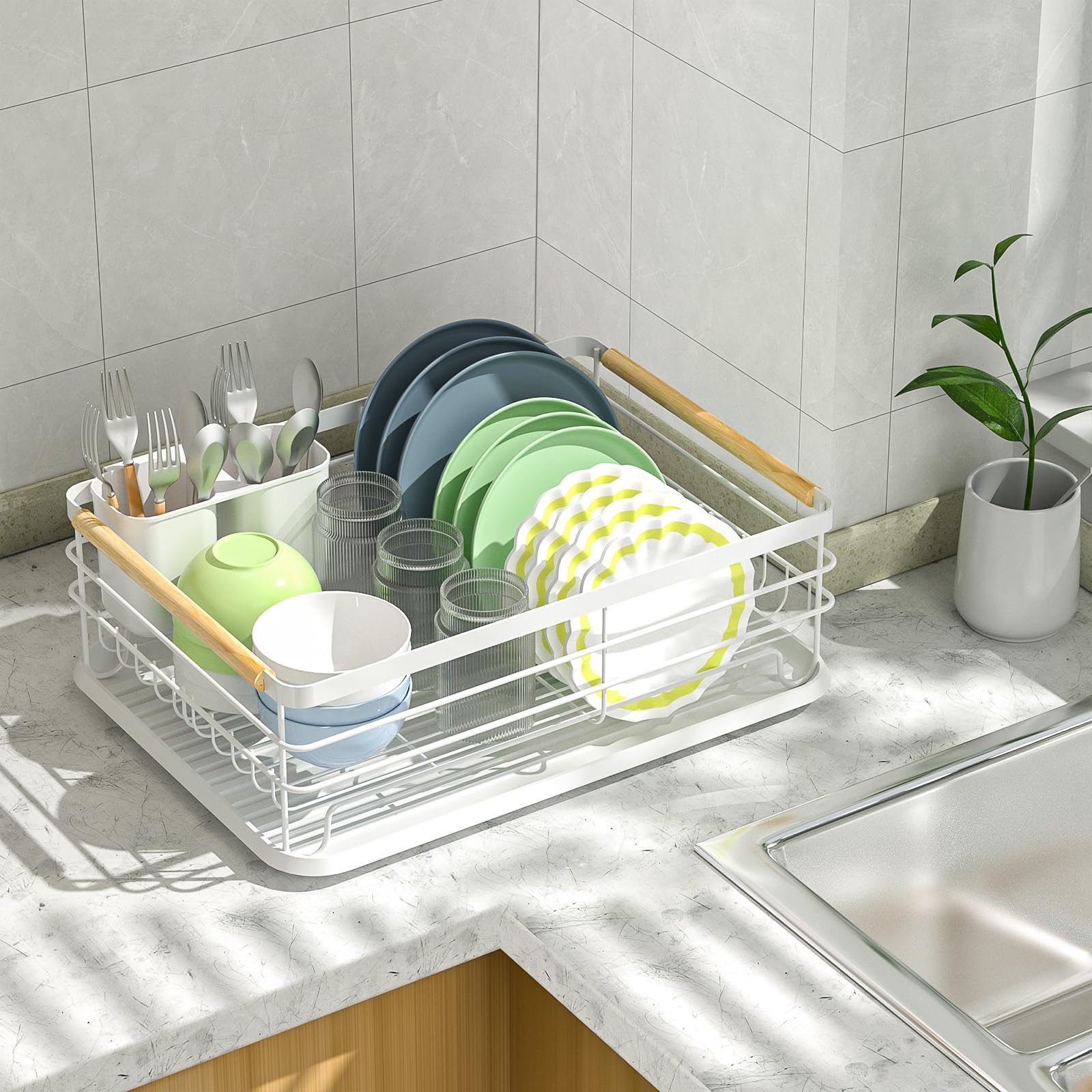 Dreamhigh Escurridor de Platos, Escurridor de Platos para Fregadero con Bandejas de Goteo Extraible,Soporte de Cubiertos, Soporte de Vaso, Apto para Familia de 3-5 Personas