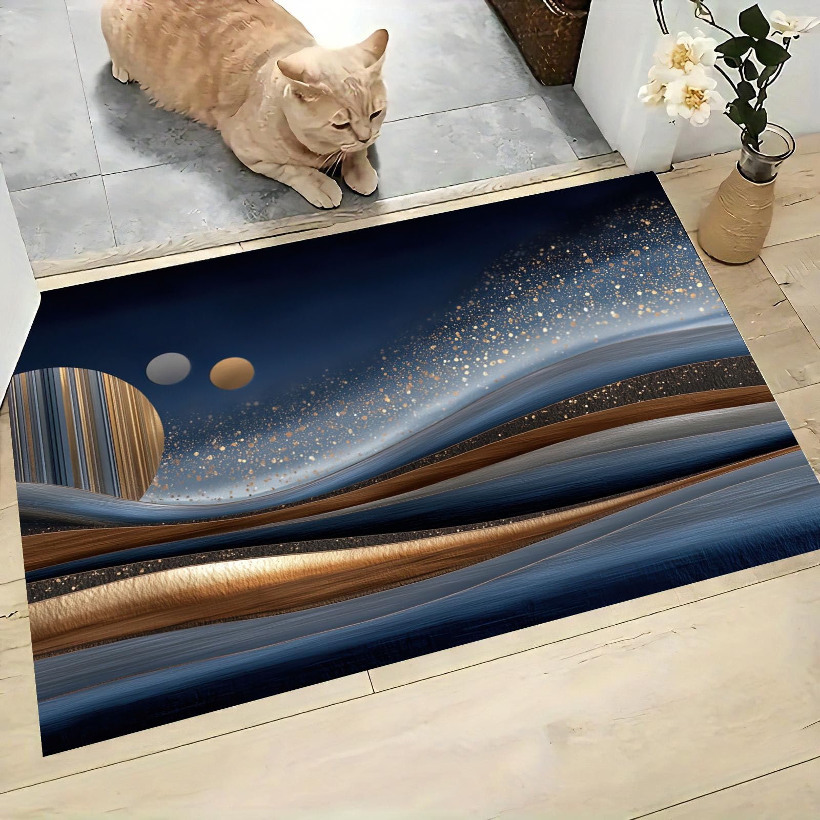 Felpudo Entrada Casa, Alfombra Entrada Casa Absorbente,Olas Azules Montañas Alfombra Exterior,Lujo Ligero Abstracto Alfombrilla Antideslizante de la casa,80 x 120 cm,Azul Oscuro