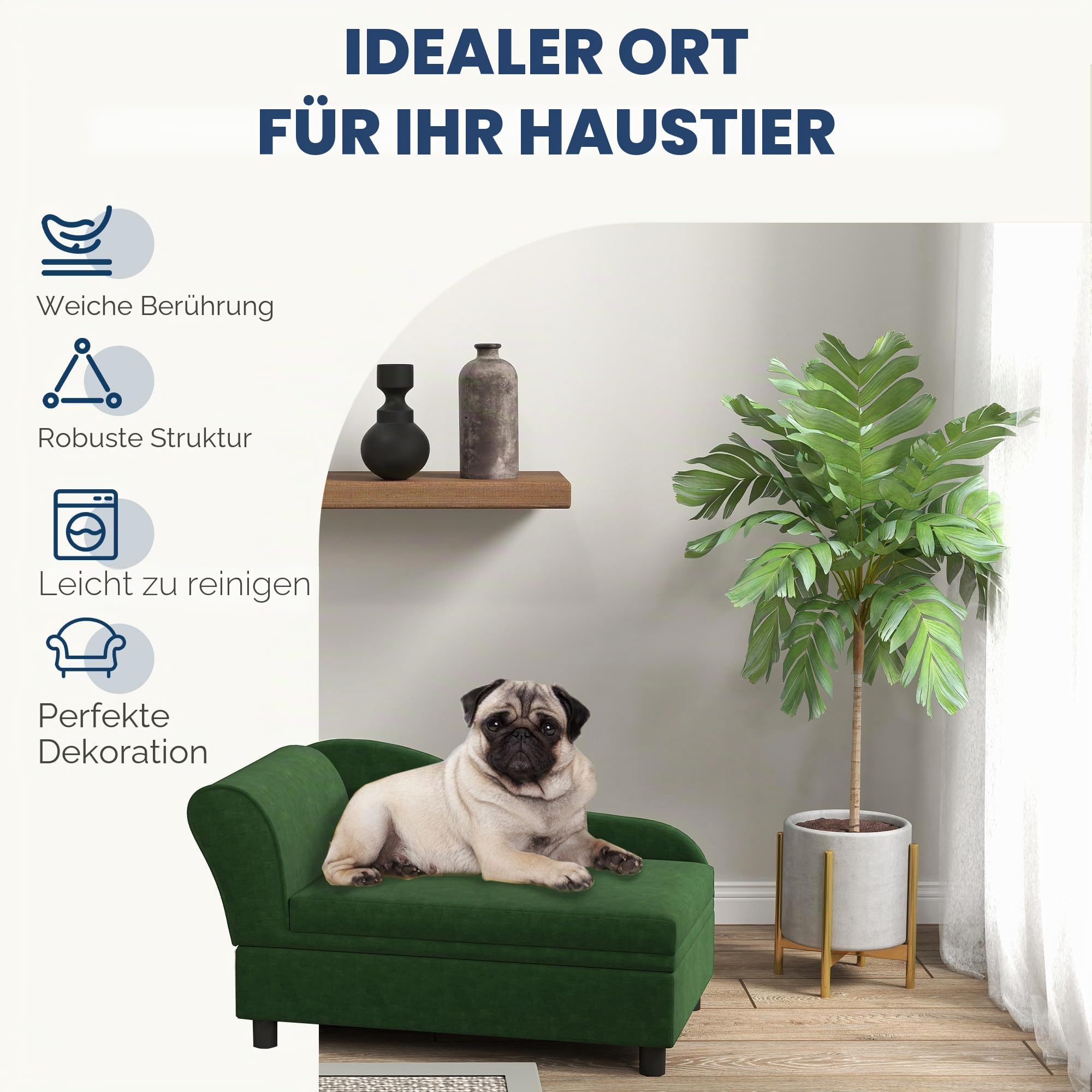 PawHut Sofa für Hunde und Katzen, auf Fuß, mit Aufbewahrungsbox, moderner Stil, abnehmbares Sitzkissen, hoher Komfort, 76 x 45 x 43 cm, Grün
