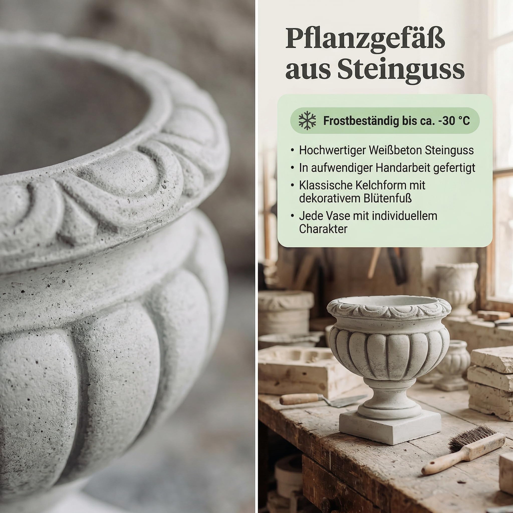 gartendekoparadies.de Klassische Pflanzvase, Pflanzgefäß für Garten & Terrasse, Ø 30 cm, H 32 cm, Grau, 5 L, 14 kg, Weißbeton/Steinguss, frostsicher bis -30 °C
