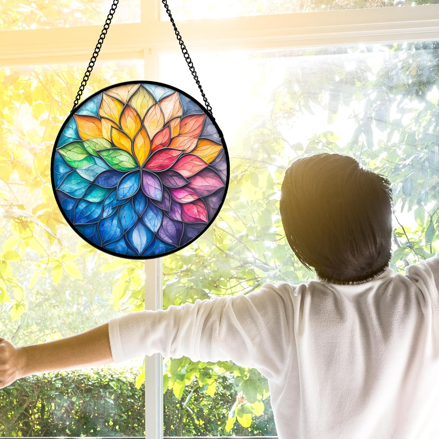Stained Glass Window Hanging, Colorful Flower Petals Sun Catchers Diamond Glass Panel Hangings Suncatcher Decor for Birthday for Women, Men, Wife, Aunt, and Mom 6.3 in - Image 2