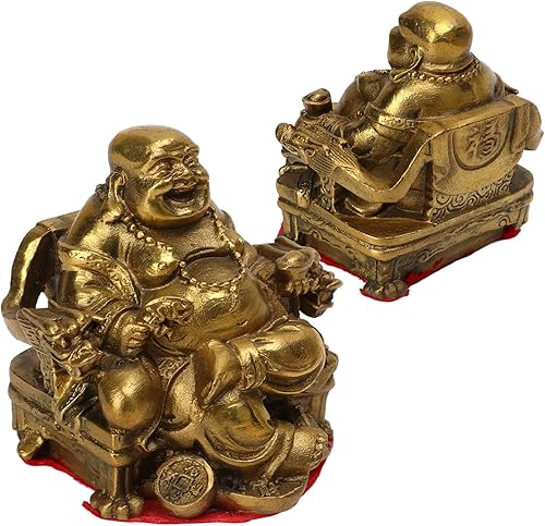Miniatura 9 de Cyrank Estatua de Buda riendo, Feng Shui Maitreya Buddha sentado en monedas de dinero de la suerte para decoración del automóvil de la oficina en