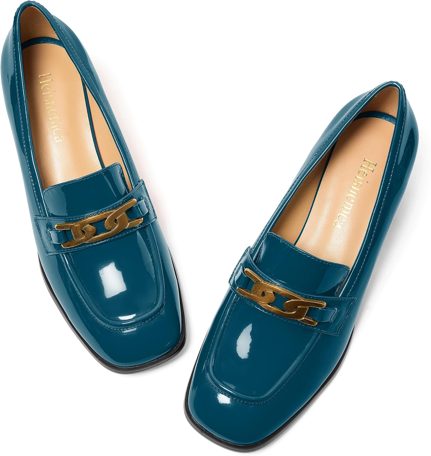 Women's Pumps Low Chunky Block Heels Round Toe Closed Patent Slip-on Loafers Dress Party Office Shoes 1.5IN