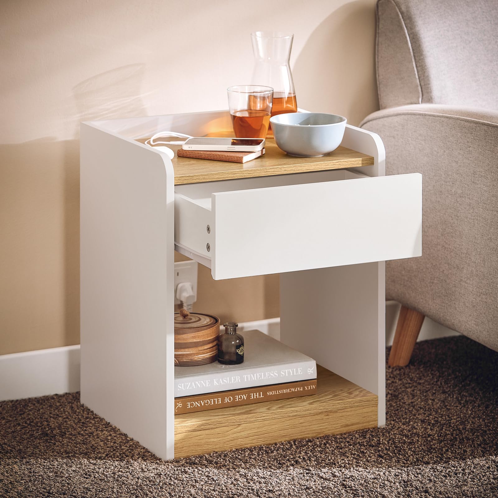 SoBuy Table de Chevet avec Gestion Câbles et Tiroir 45x40x55 cm